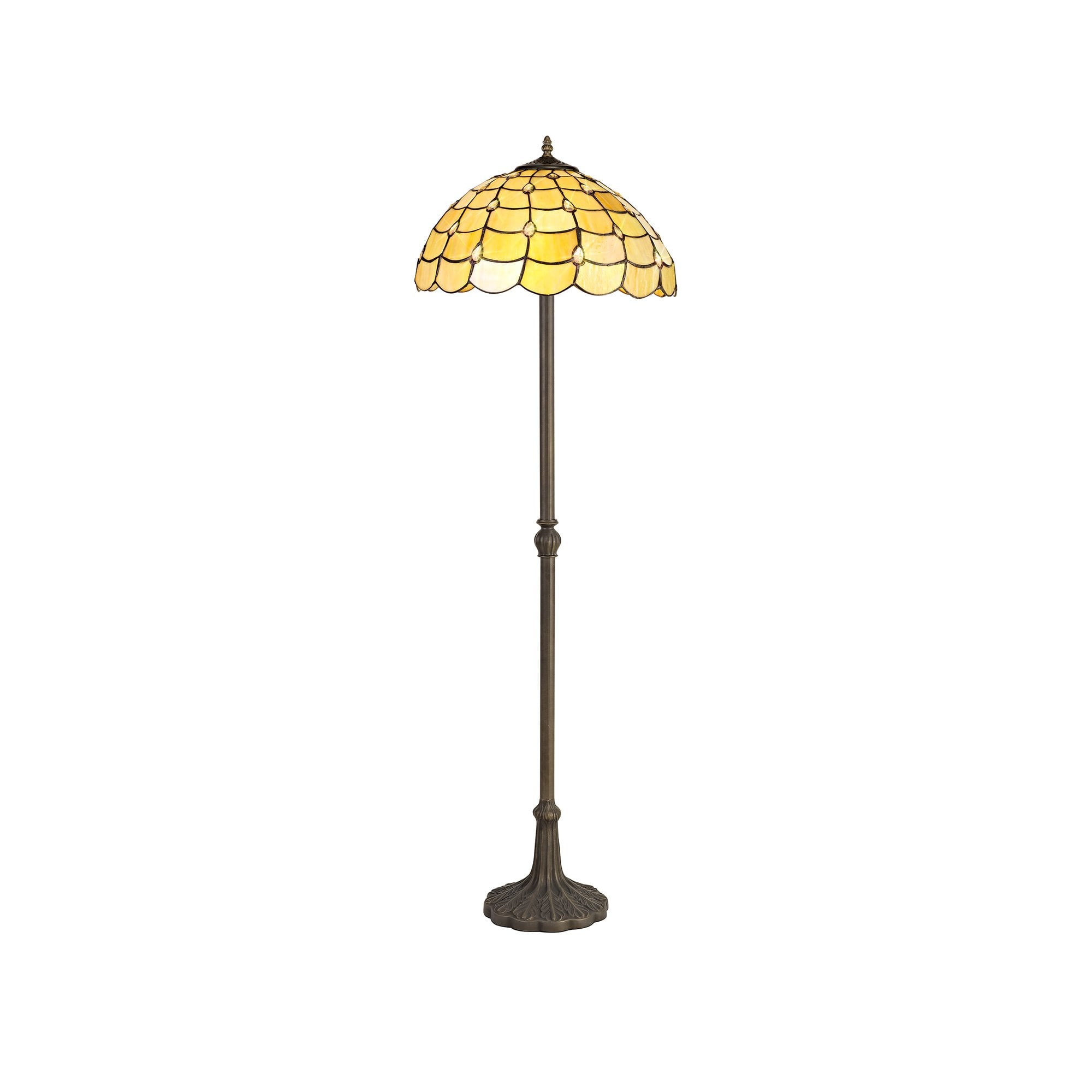 2 Light Leaf Design Floor Lamp E27 With 40cm Tiffany Shade, Beige/Clear Crystal/Aged Antique Brass