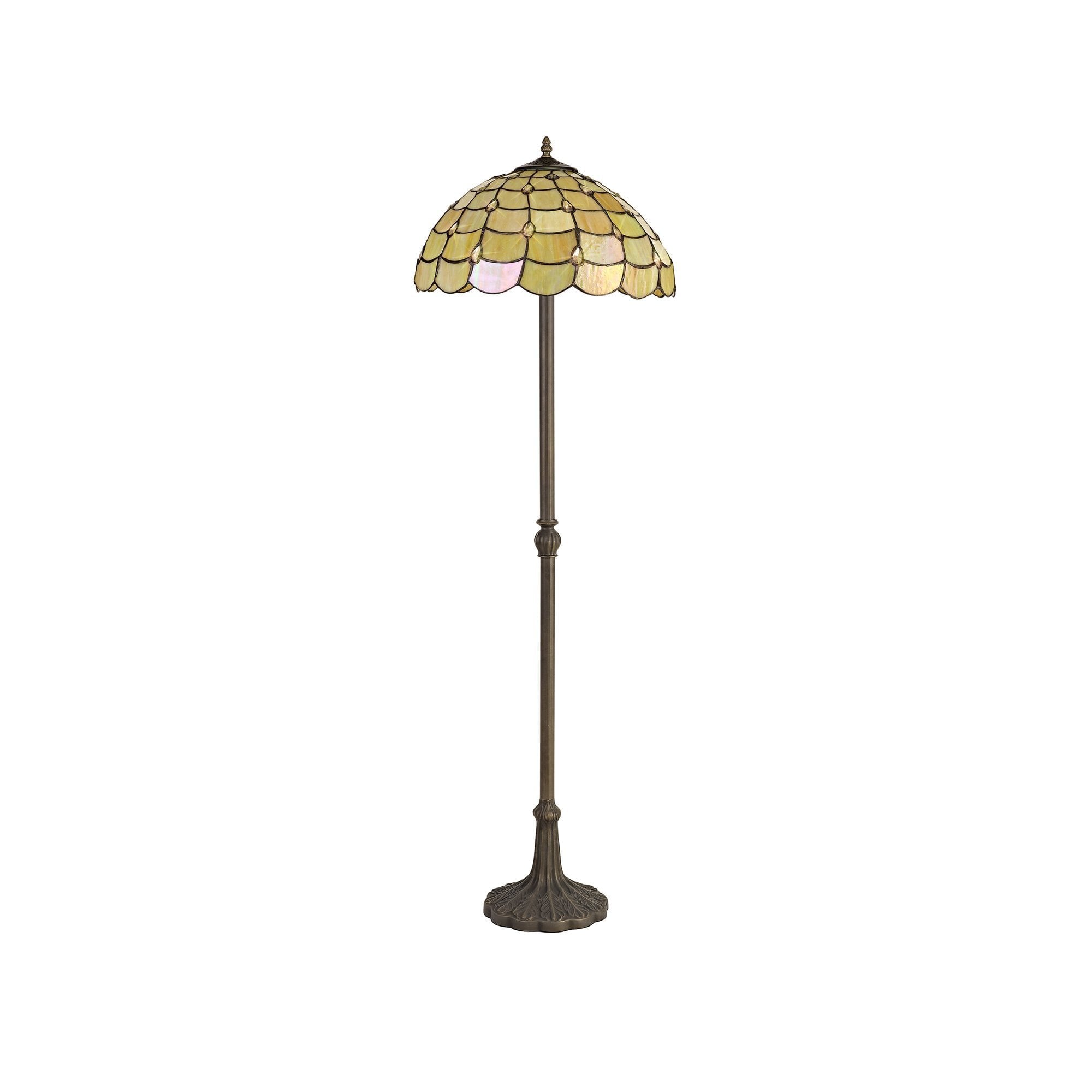 2 Light Leaf Design Floor Lamp E27 With 40cm Tiffany Shade, Beige/Clear Crystal/Aged Antique Brass