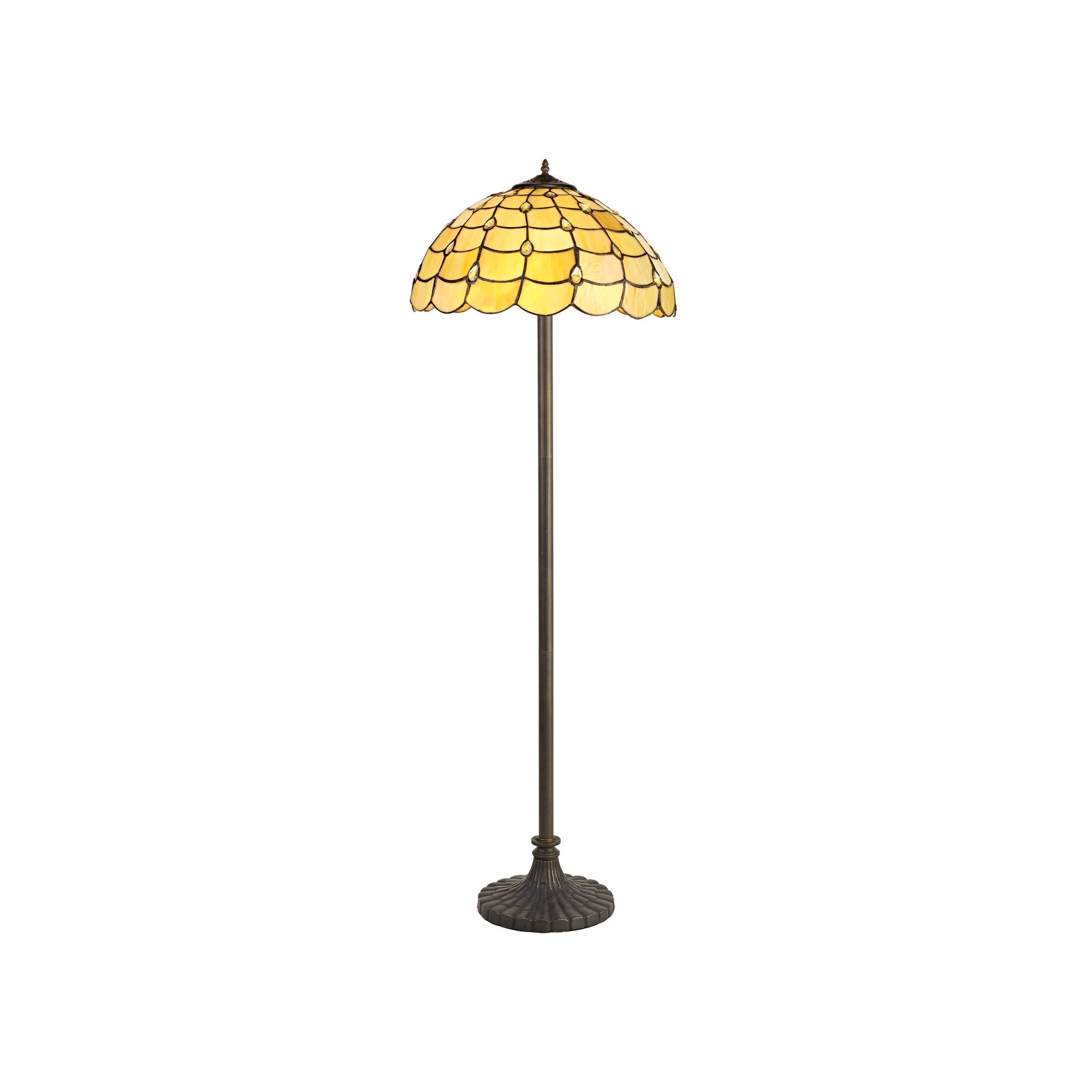 2 Light Stepped Design Floor Lamp E27 With 40cm Tiffany Shade, Beige/Clear Crystal/Aged Antique Brass