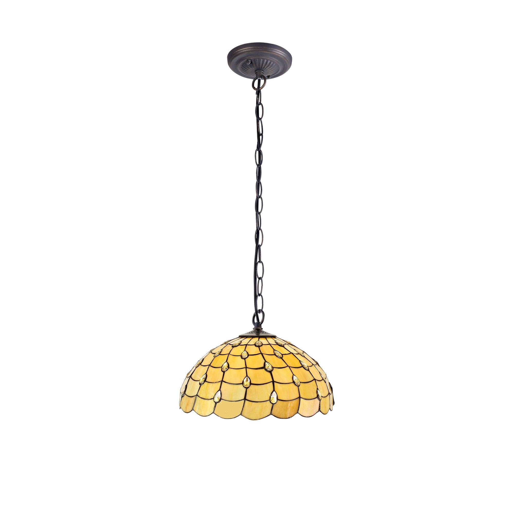 1 Light Downlighter Pendant E27 With 50cm Tiffany Shade, Beige/Clear Crystal/Aged Antique Brass