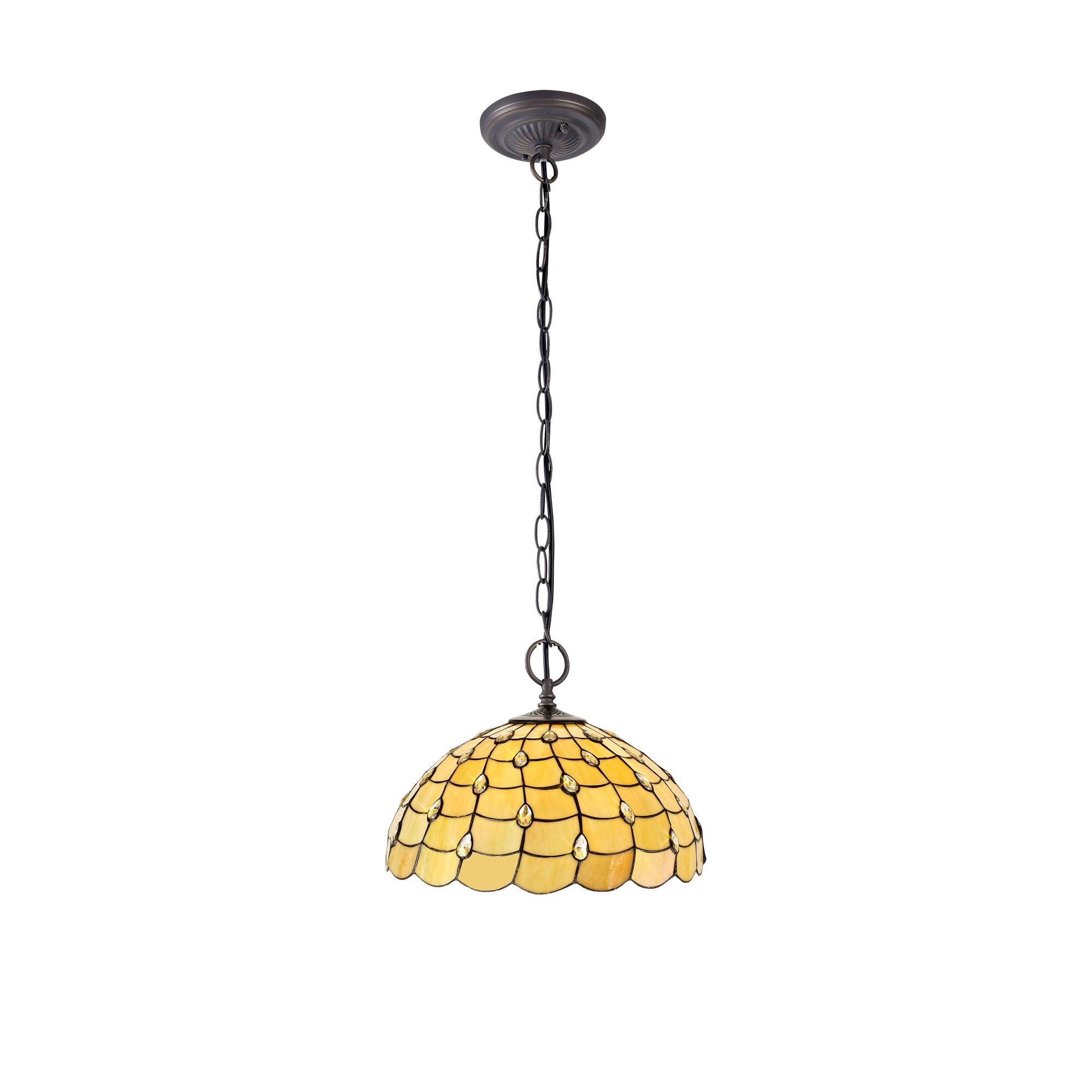 2 Light Downlighter Pendant E27 With 50cm Tiffany Shade, Beige/Clear Crystal/Aged Antique Brass