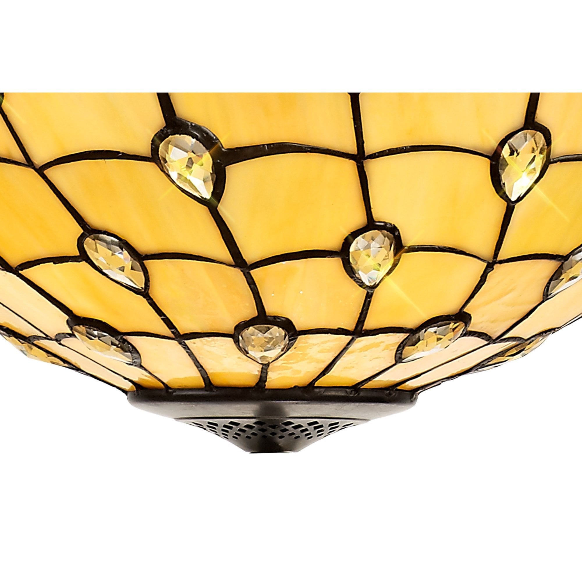 2 Light Downlighter Pendant E27 With 50cm Tiffany Shade, Beige/Clear Crystal/Aged Antique Brass