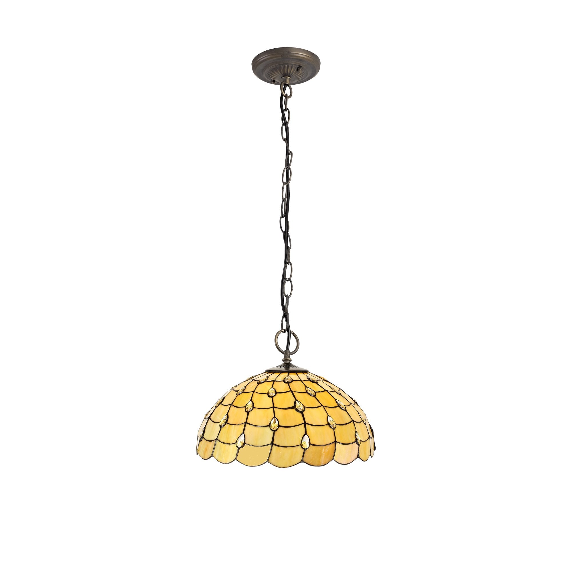 3 Light Downlighter Pendant E27 With 50cm Tiffany Shade, Beige/Clear Crystal/Aged Antique Brass