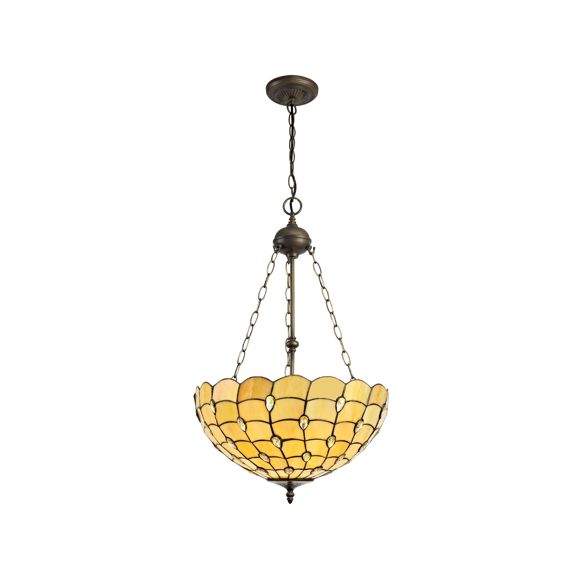 3 Light Uplighter Pendant E27 With 50cm Tiffany Shade, Beige/Clear Crystal/Aged Antique Brass