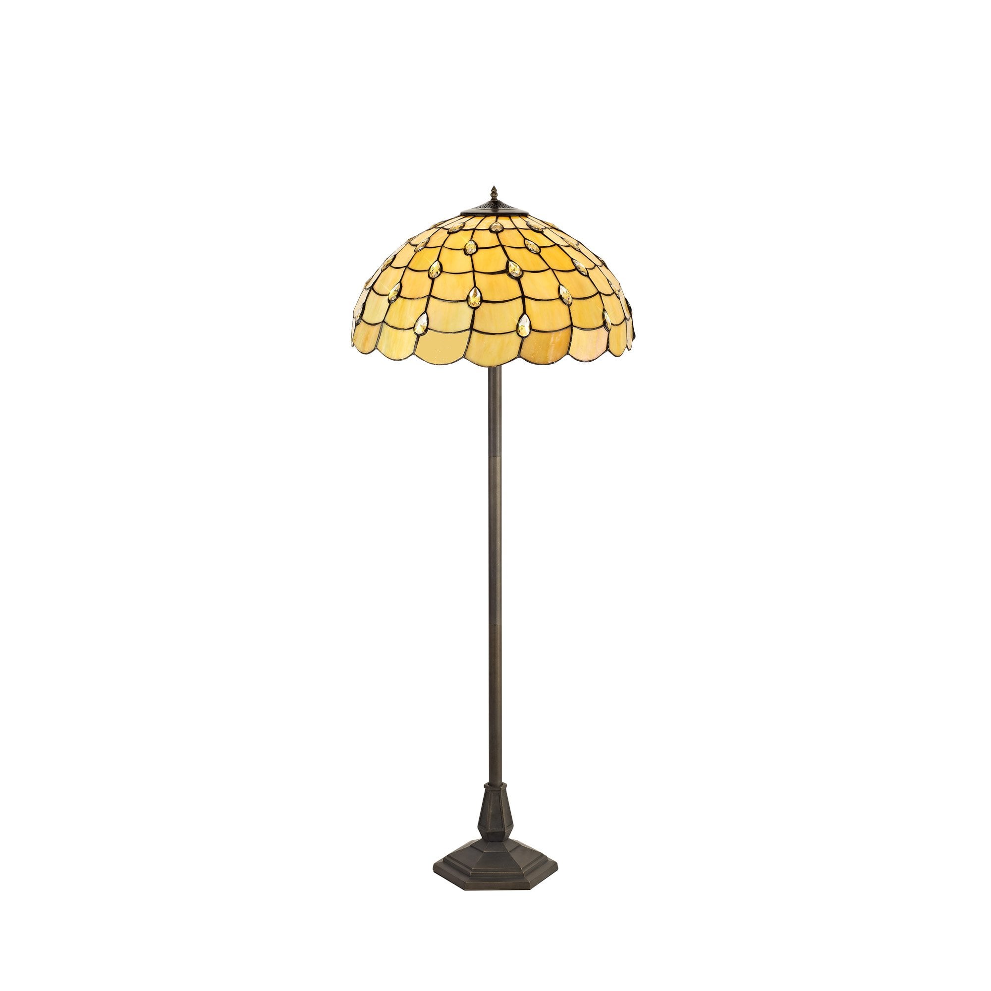 2 Light Octagonal Floor Lamp E27 With 50cm Tiffany Shade, Beige/Clear Crystal/Aged Antique Brass