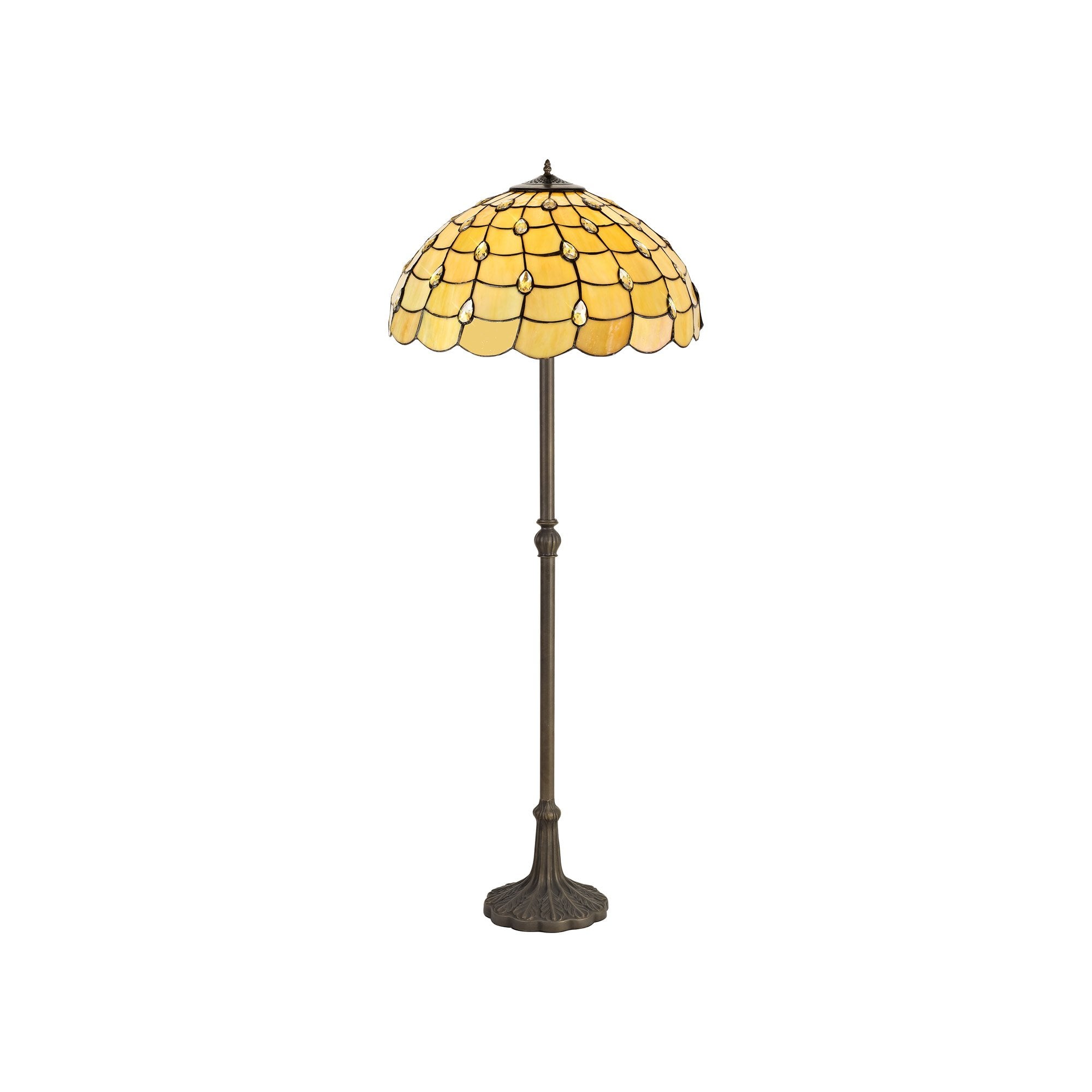 2 Light Leaf Design Floor Lamp E27 With 50cm Tiffany Shade, Beige/Clear Crystal/Aged Antique Brass