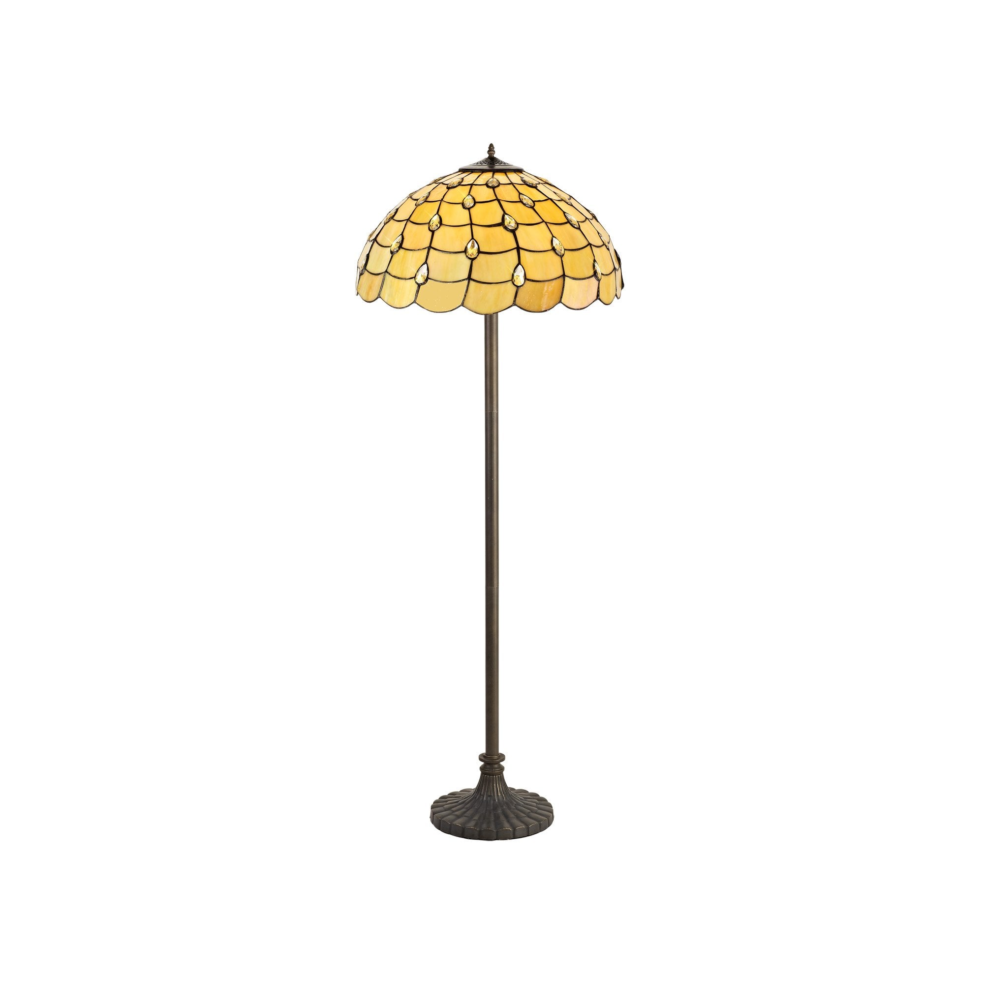 2 Light Stepped Design Floor Lamp E27 With 50cm Tiffany Shade, Beige/Clear Crystal/Aged Antique Brass