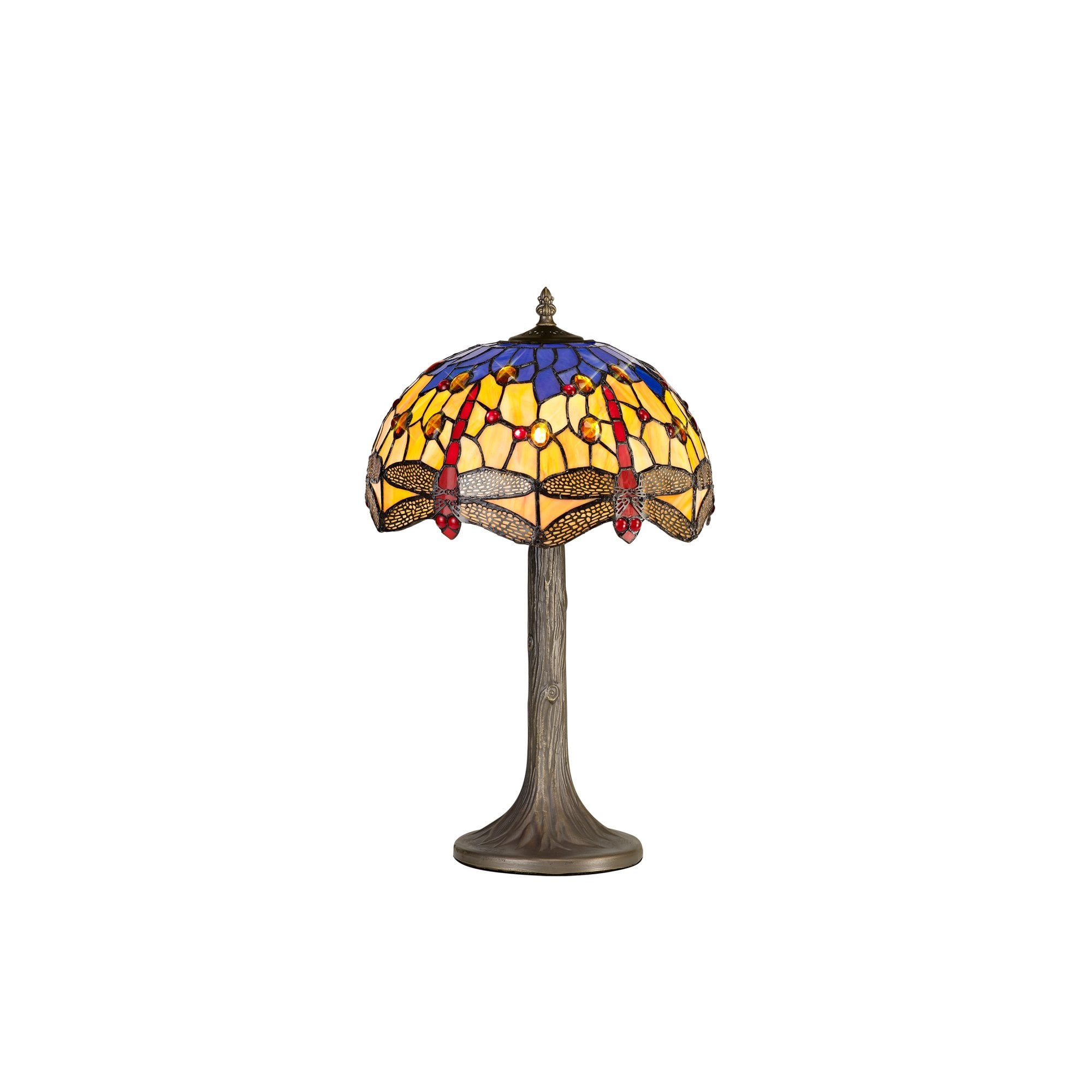 1 Light Tree Like Table Lamp E27 With 30cm Tiffany Shade, Blue/Orange/Crystal/Aged Antique Brass