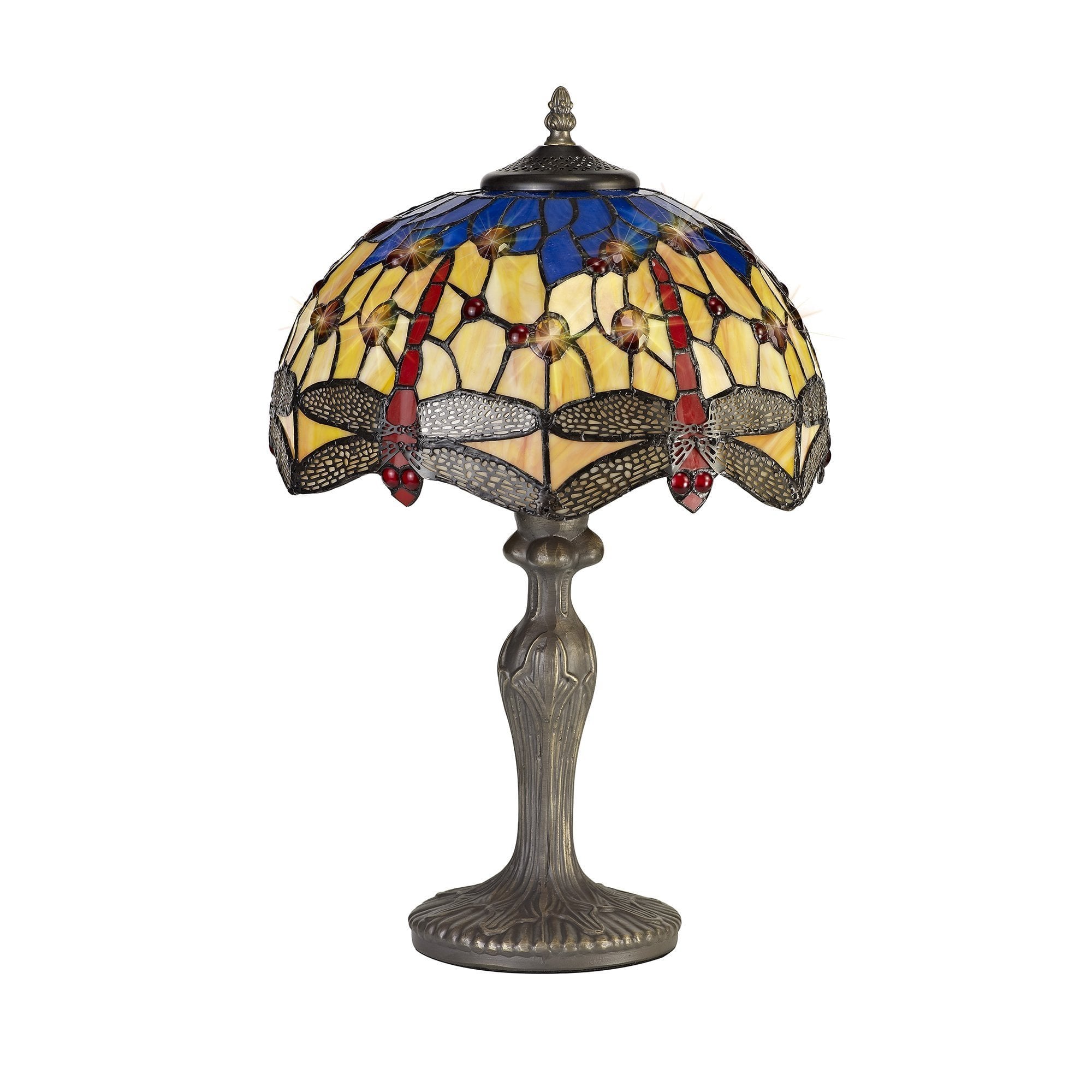 1 Light Curved Table Lamp E27 With 30cm Tiffany Shade, Blue/Orange/Crystal/Aged Antique Brass