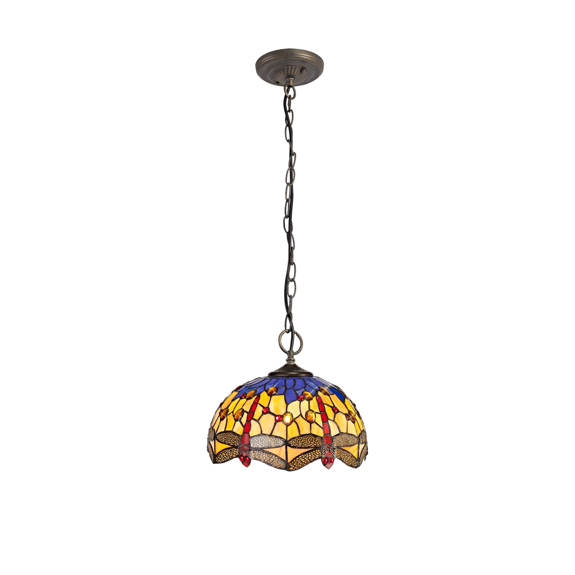 3 Light Downlighter Pendant E27 With 30cm Tiffany Shade, Blue/Orange/Crystal/Aged Antique Brass