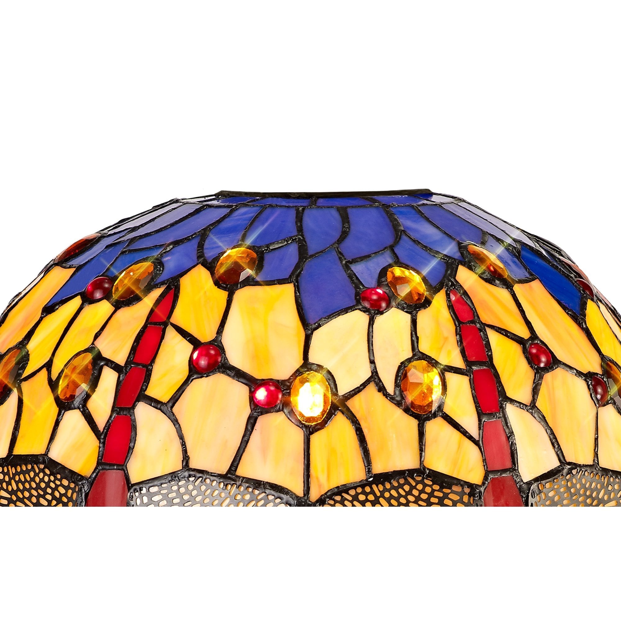 2 Light Semi Ceiling E27 With 30cm Tiffany Shade, Blue/Orange/Crystal/Aged Antique Brass