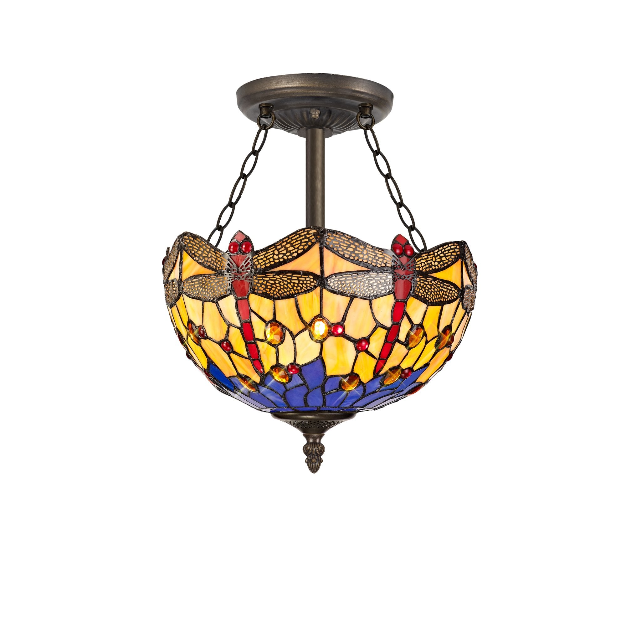 3 Light Semi Ceiling E27 With 30cm Tiffany Shade, Blue/Orange/Crystal/Aged Antique Brass