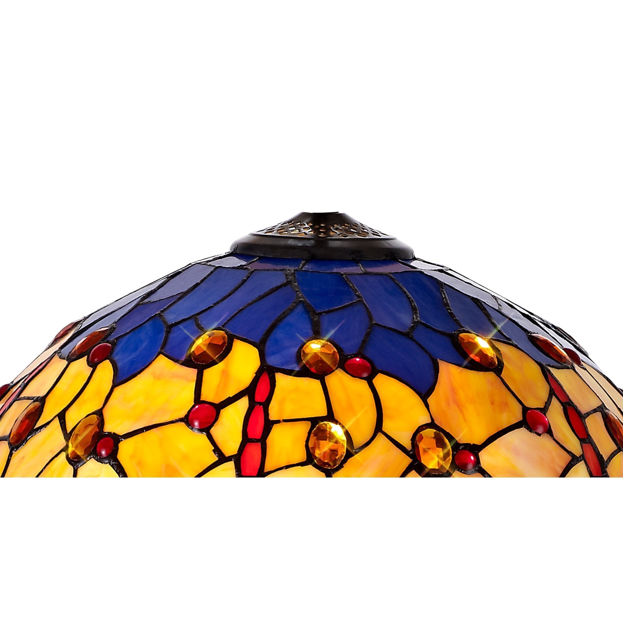 2 Light Octagonal Table Lamp E27 With 40cm Tiffany Shade, Blue/Orange/Crystal/Aged Antique Brass