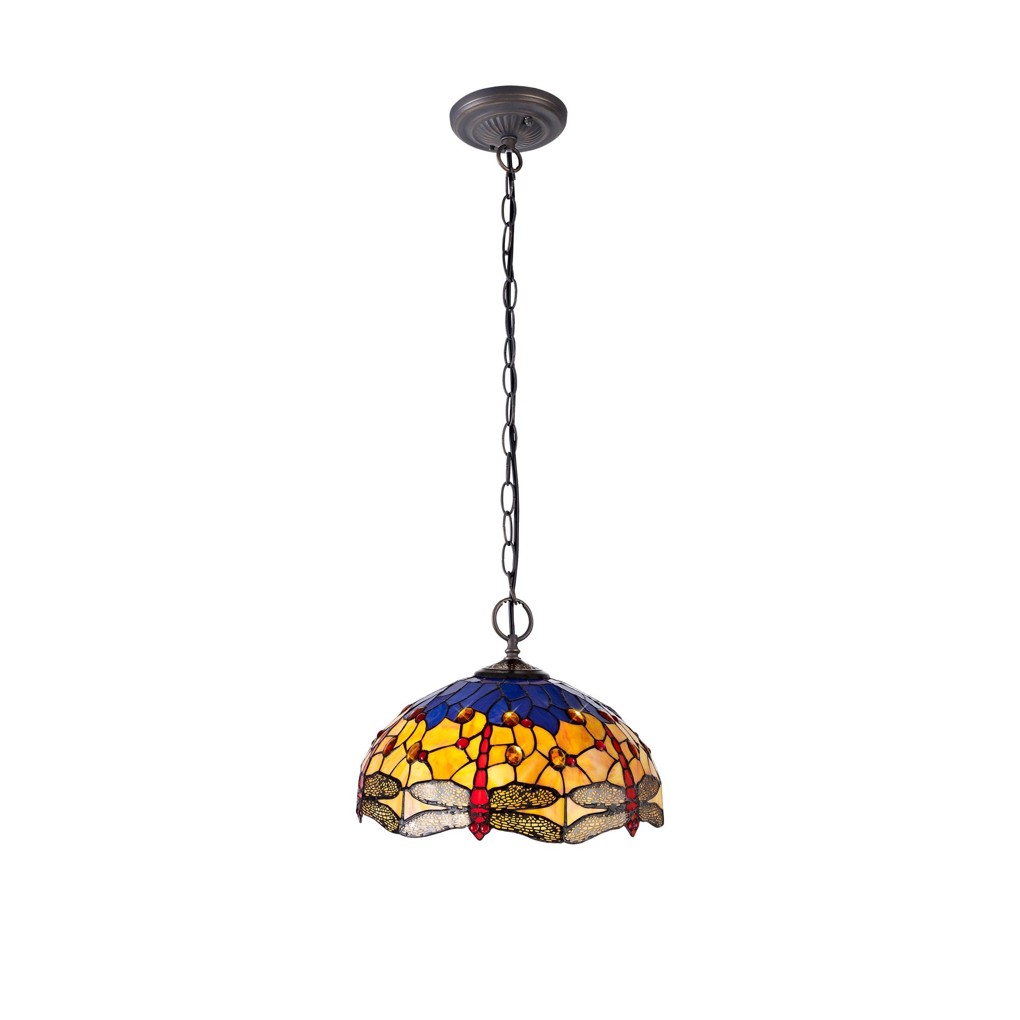 2 Light Downlighter Pendant E27 With 40cm Tiffany Shade, Blue/Orange/Crystal/Aged Antique Brass