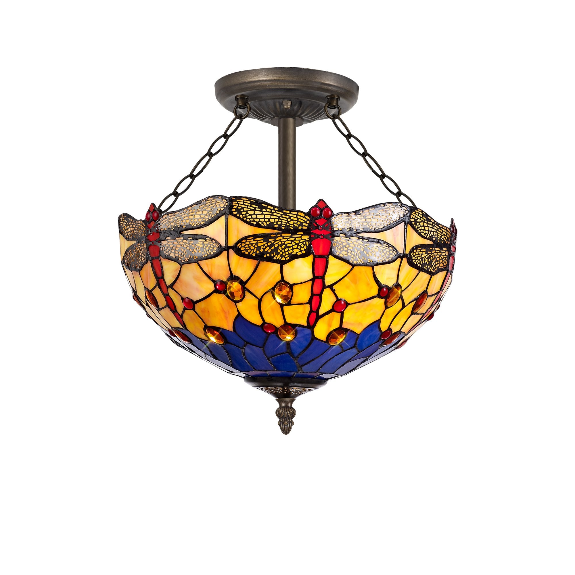 3 Light Semi Ceiling E27 With 40cm Tiffany Shade, Blue/Orange/Crystal/Aged Antique Brass