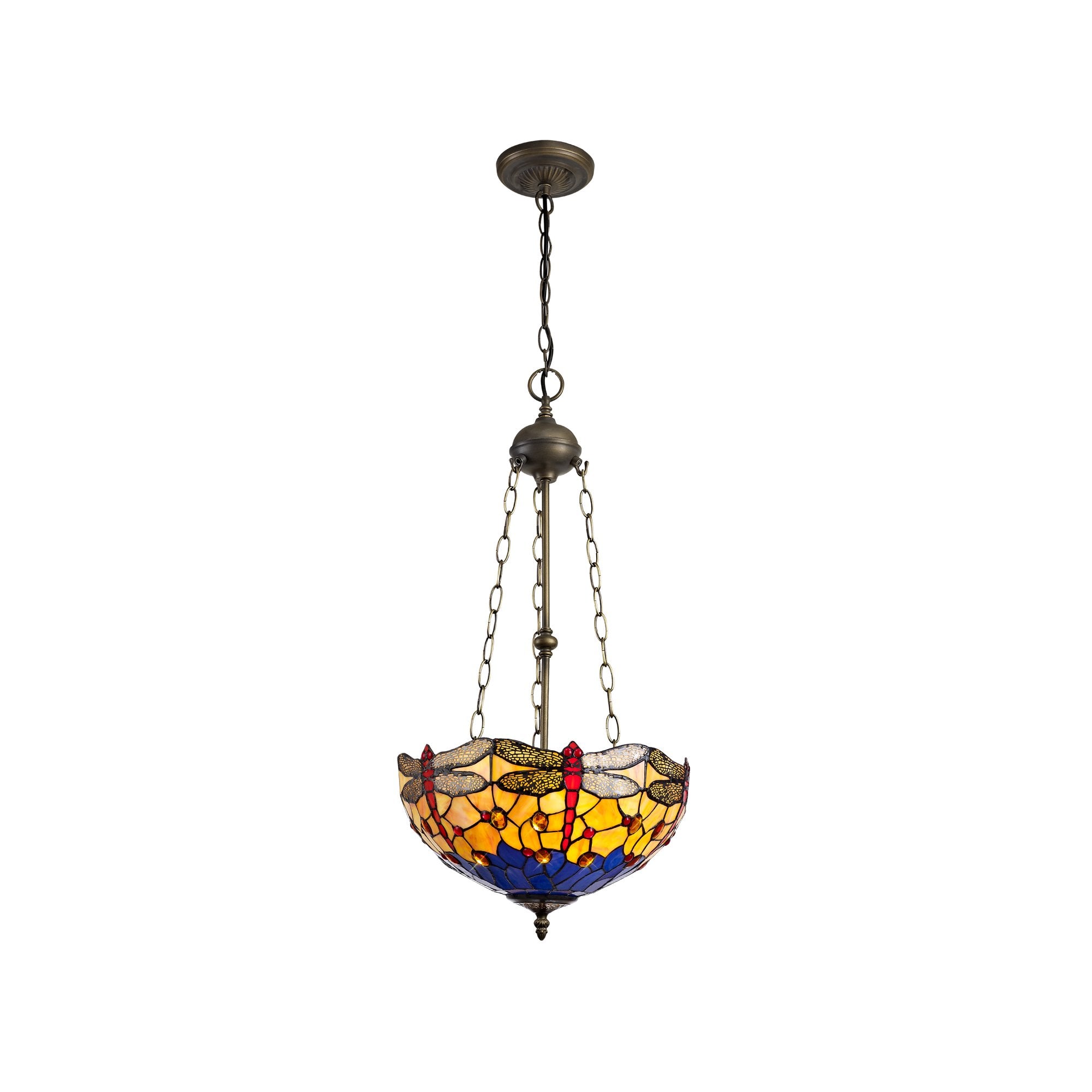 3 Light Uplighter Pendant E27 With 40cm Tiffany Shade, Blue/Orange/Crystal/Aged Antique Brass