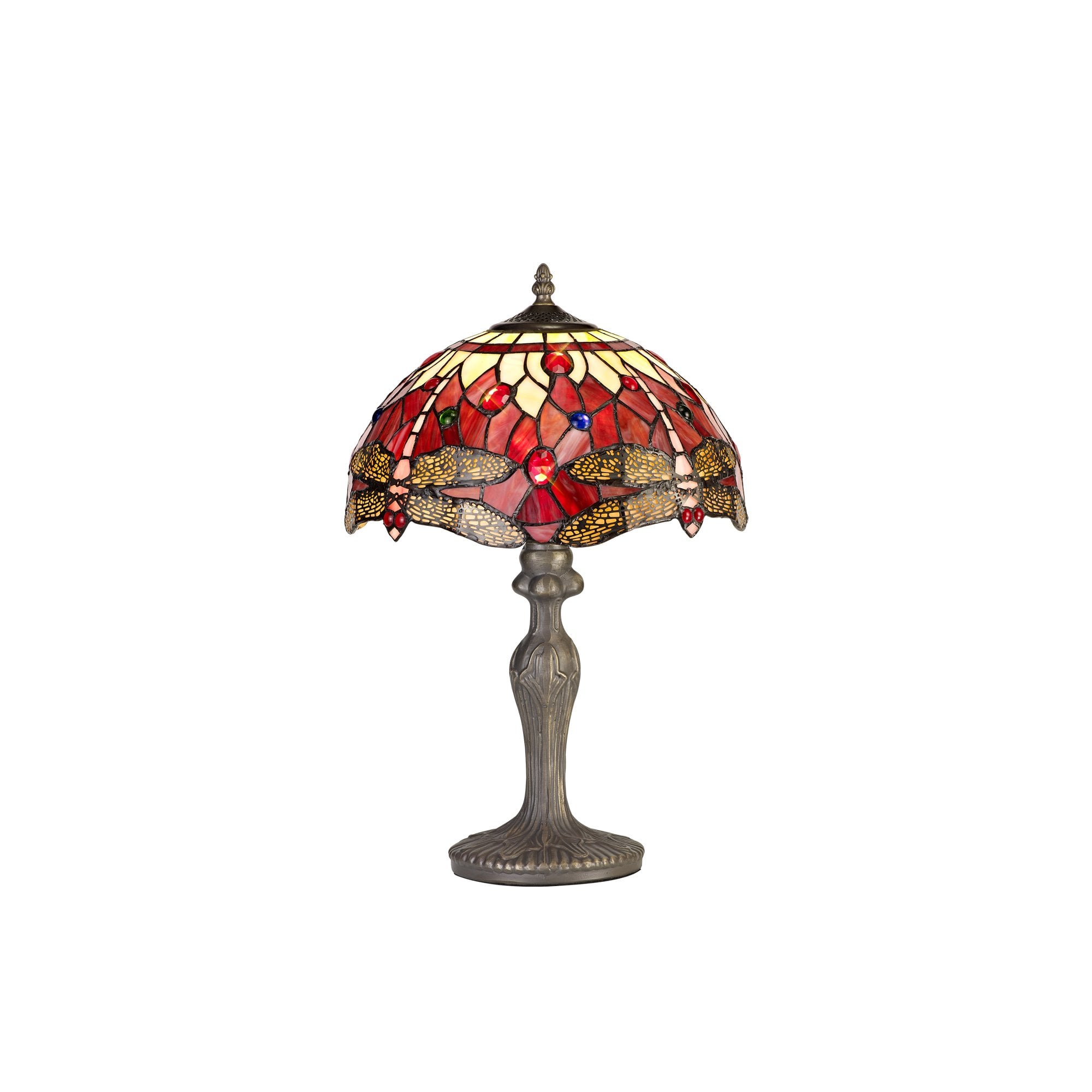 1 Light Curved Table Lamp E27 With 30cm Tiffany Shade, Purple/Pink/Crystal/Aged Antique Brass