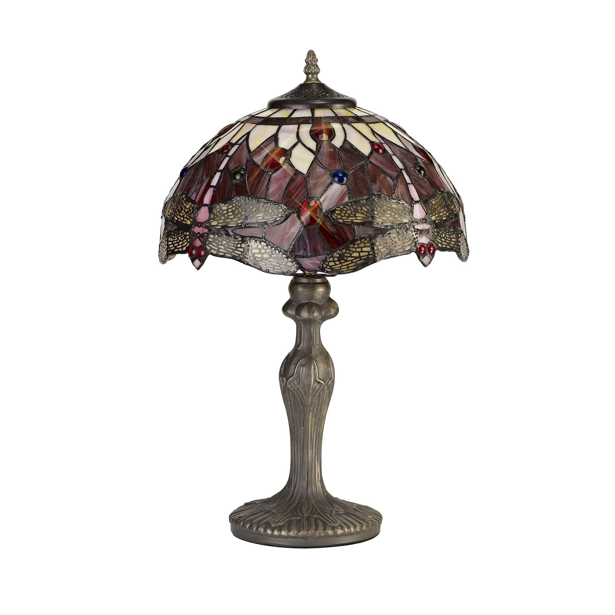 1 Light Curved Table Lamp E27 With 30cm Tiffany Shade, Purple/Pink/Crystal/Aged Antique Brass