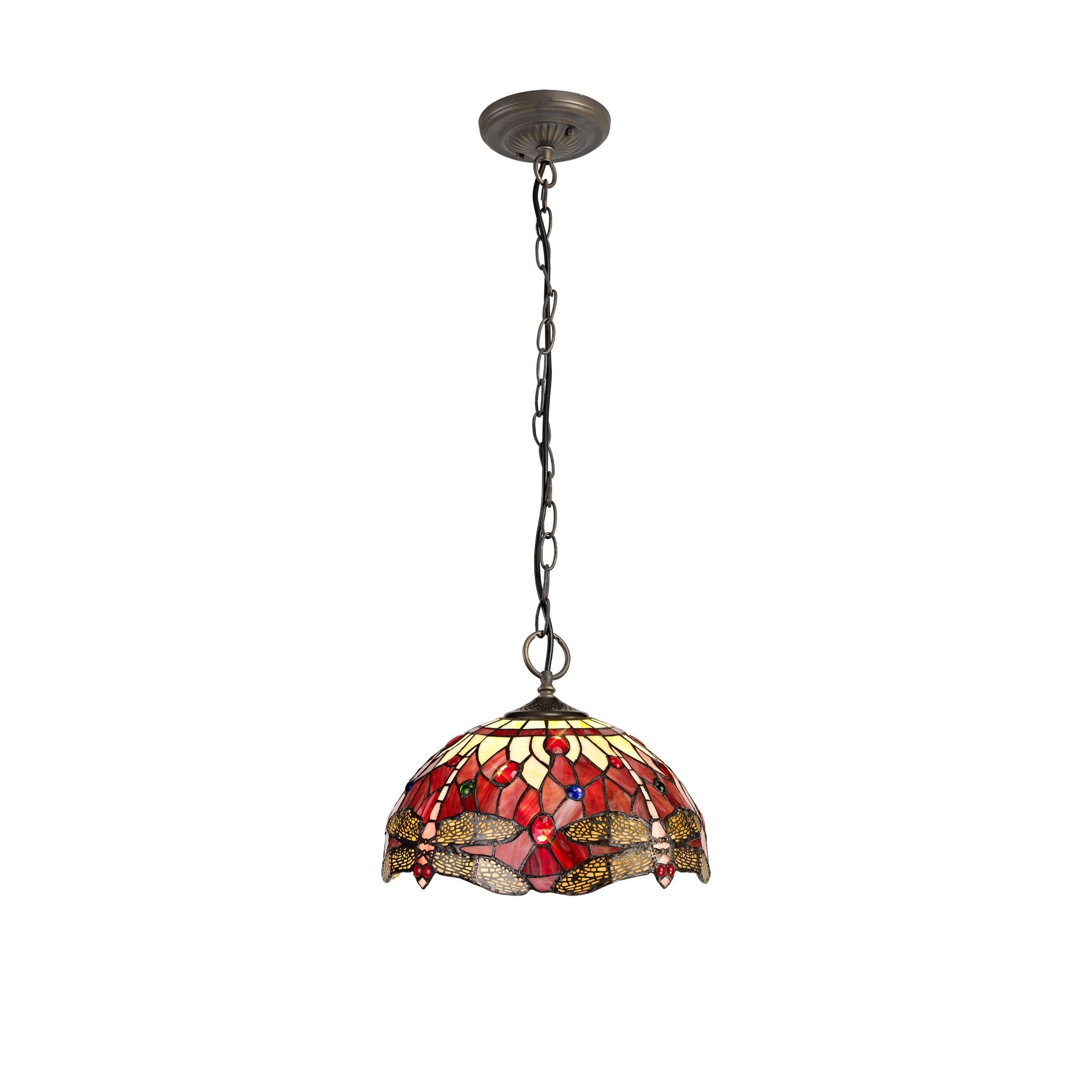 3 Light Downlighter Pendant E27 With 30cm Tiffany Shade, Purple/Pink/Crystal/Aged Antique Brass