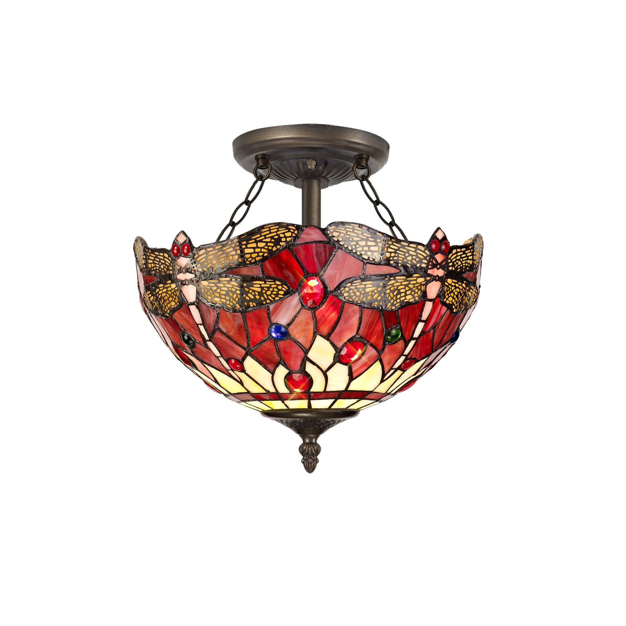 2 Light Semi Ceiling E27 With 30cm Tiffany Shade, Purple/Pink/Crystal/Aged Antique Brass