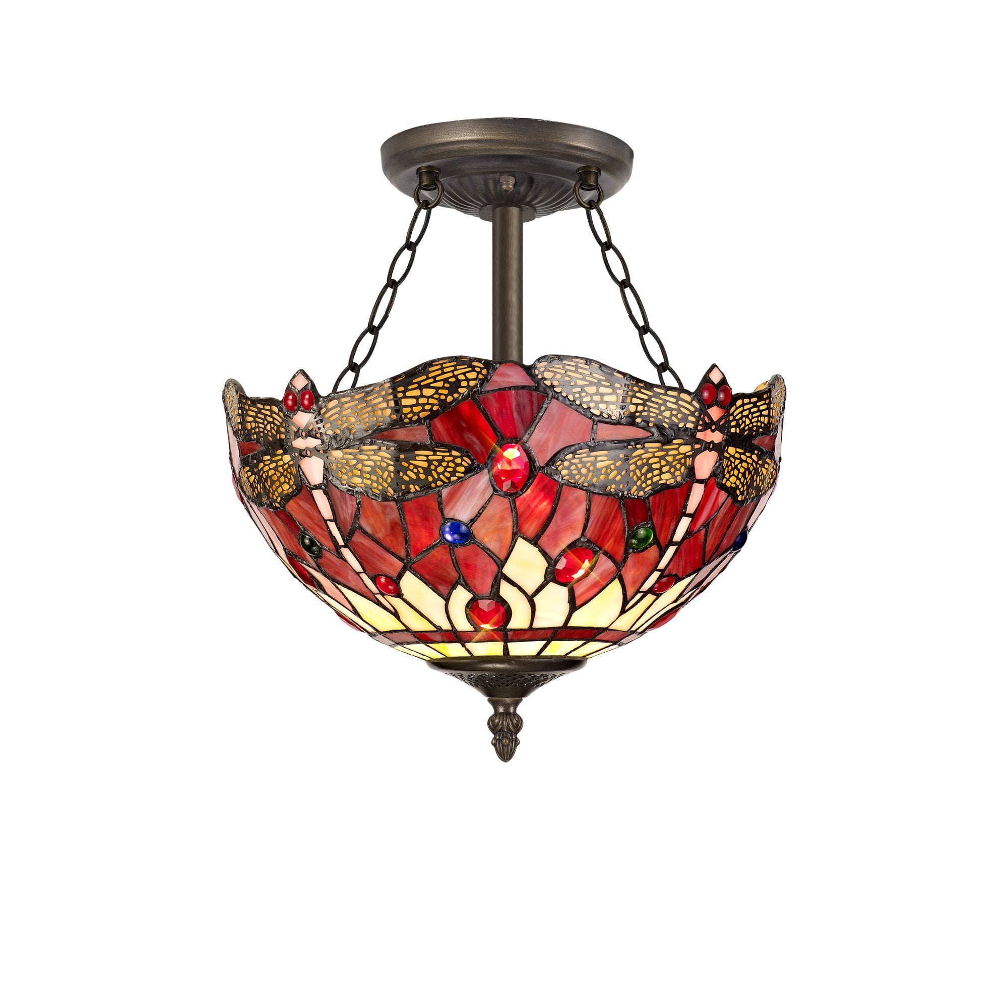 3 Light Semi Ceiling E27 With 30cm Tiffany Shade, Purple/Pink/Crystal/Aged Antique Brass