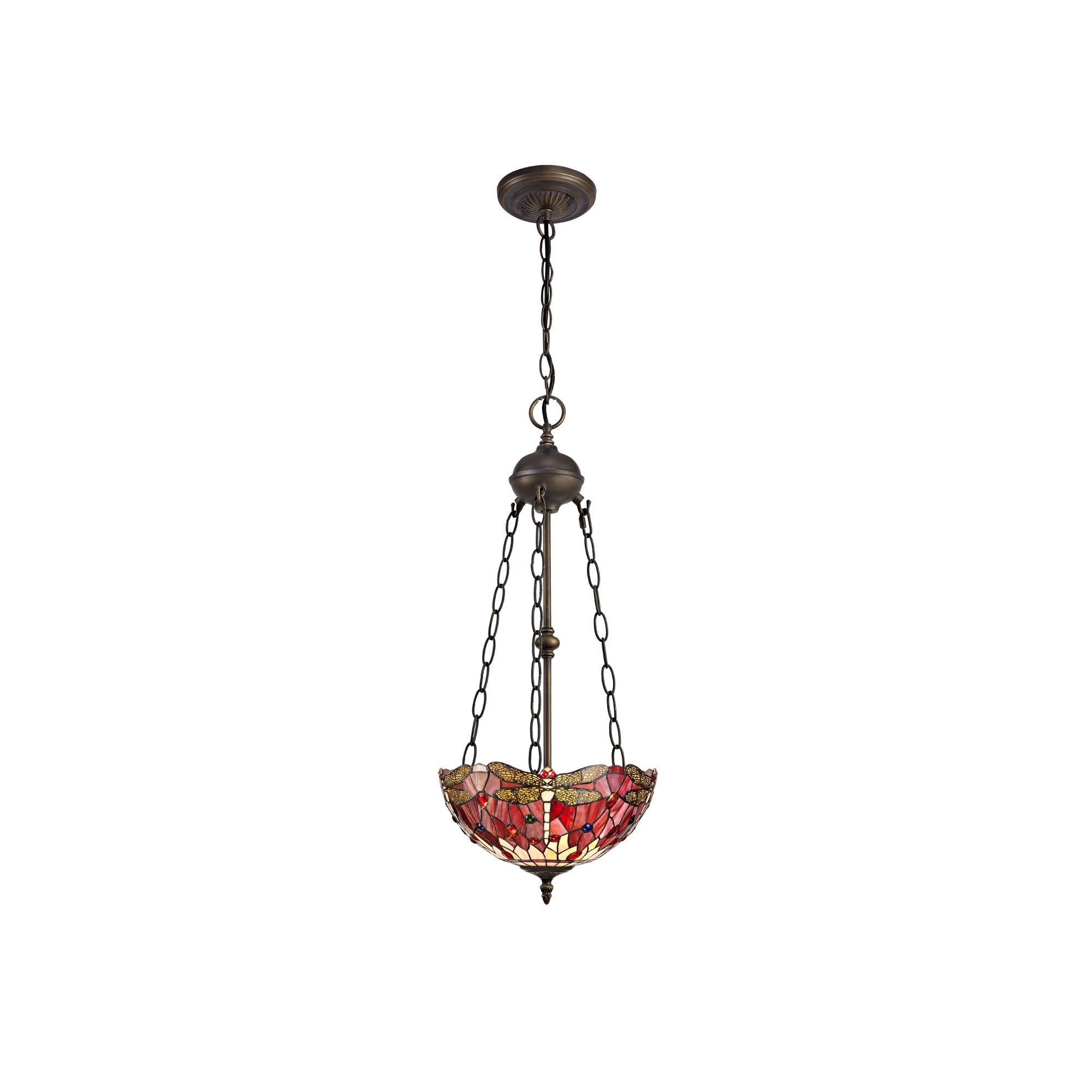 2 Light Uplighter Pendant E27 With 30cm Tiffany Shade, Purple/Pink/Crystal/Aged Antique Brass