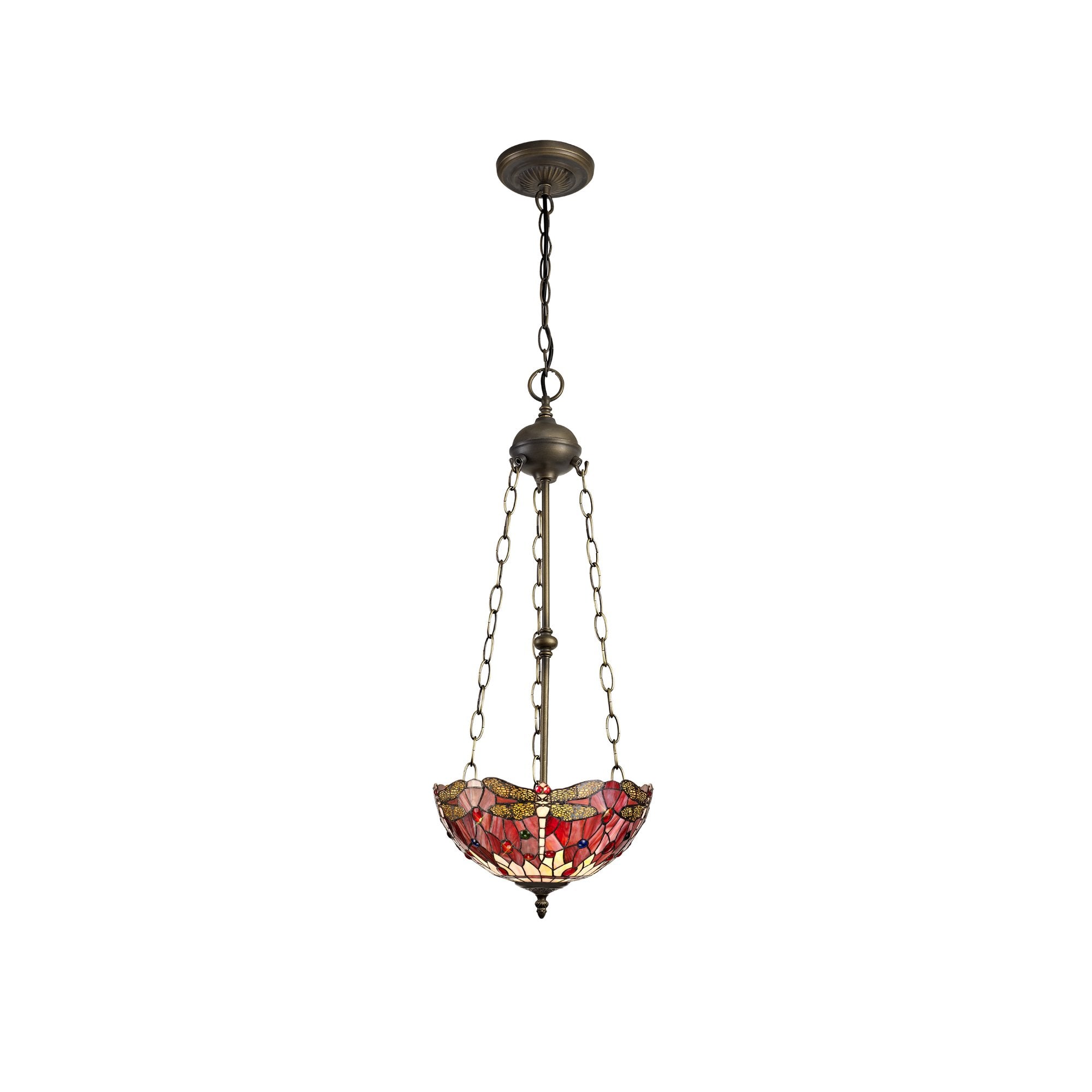 3 Light Uplighter Pendant E27 With 30cm Tiffany Shade, Purple/Pink/Crystal/Aged Antique Brass