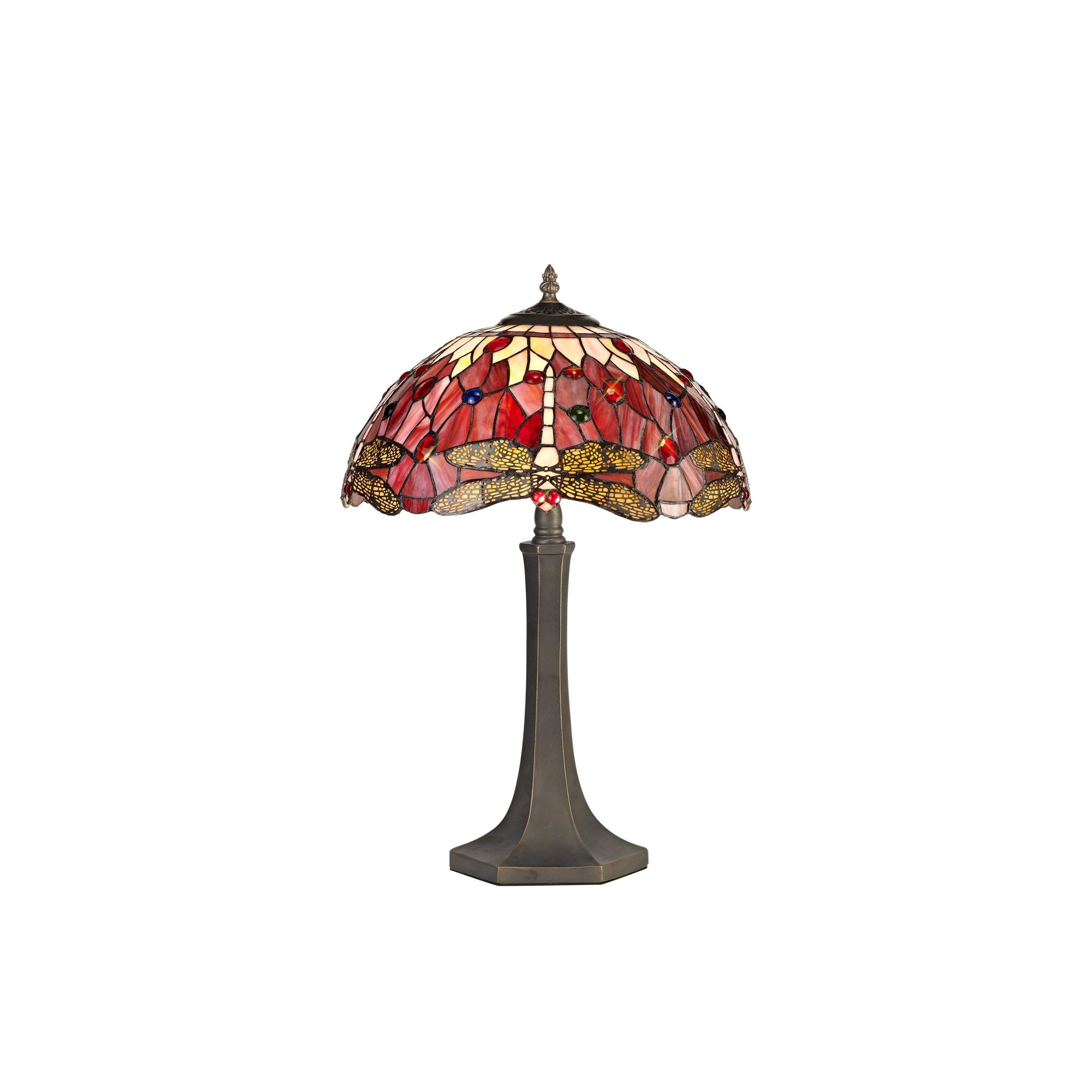 2 Light Octagonal Table Lamp E27 With 40cm Tiffany Shade, Purple/Pink/Crystal/Aged Antique Brass