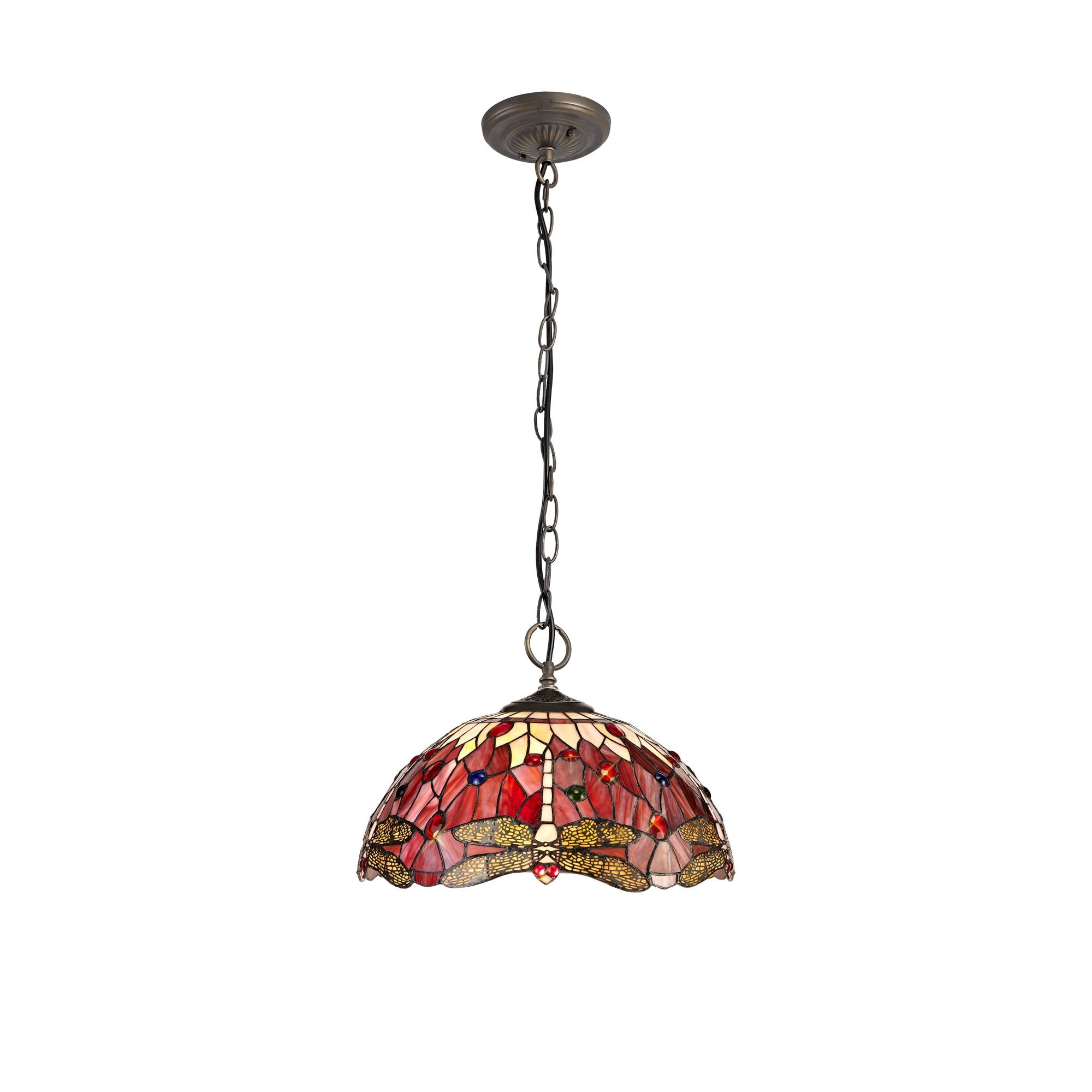 3 Light Downlighter Pendant E27 With 40cm Tiffany Shade, Purple/Pink/Crystal/Aged Antique Brass