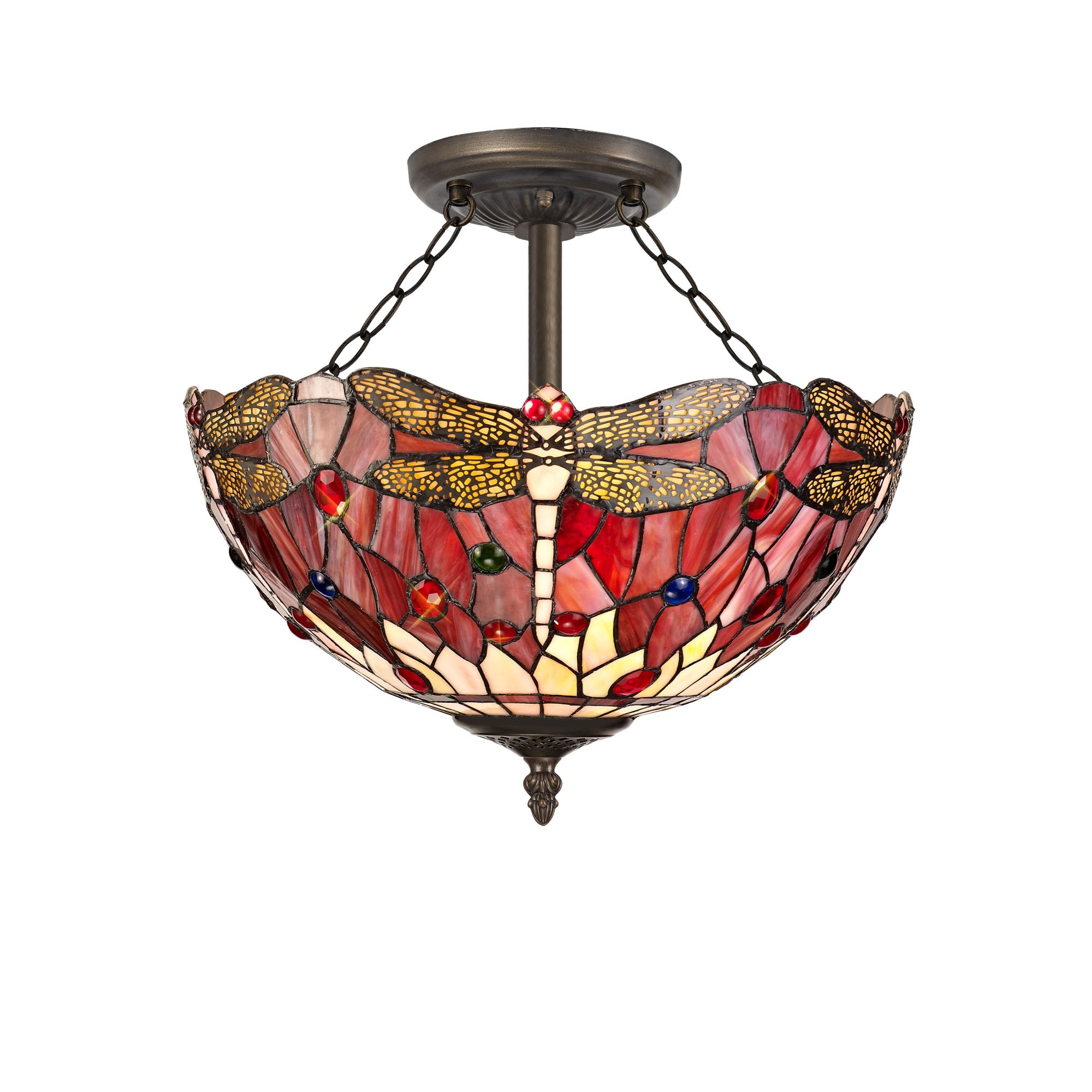 3 Light Semi Ceiling E27 With 40cm Tiffany Shade, Purple/Pink/Crystal/Aged Antique Brass