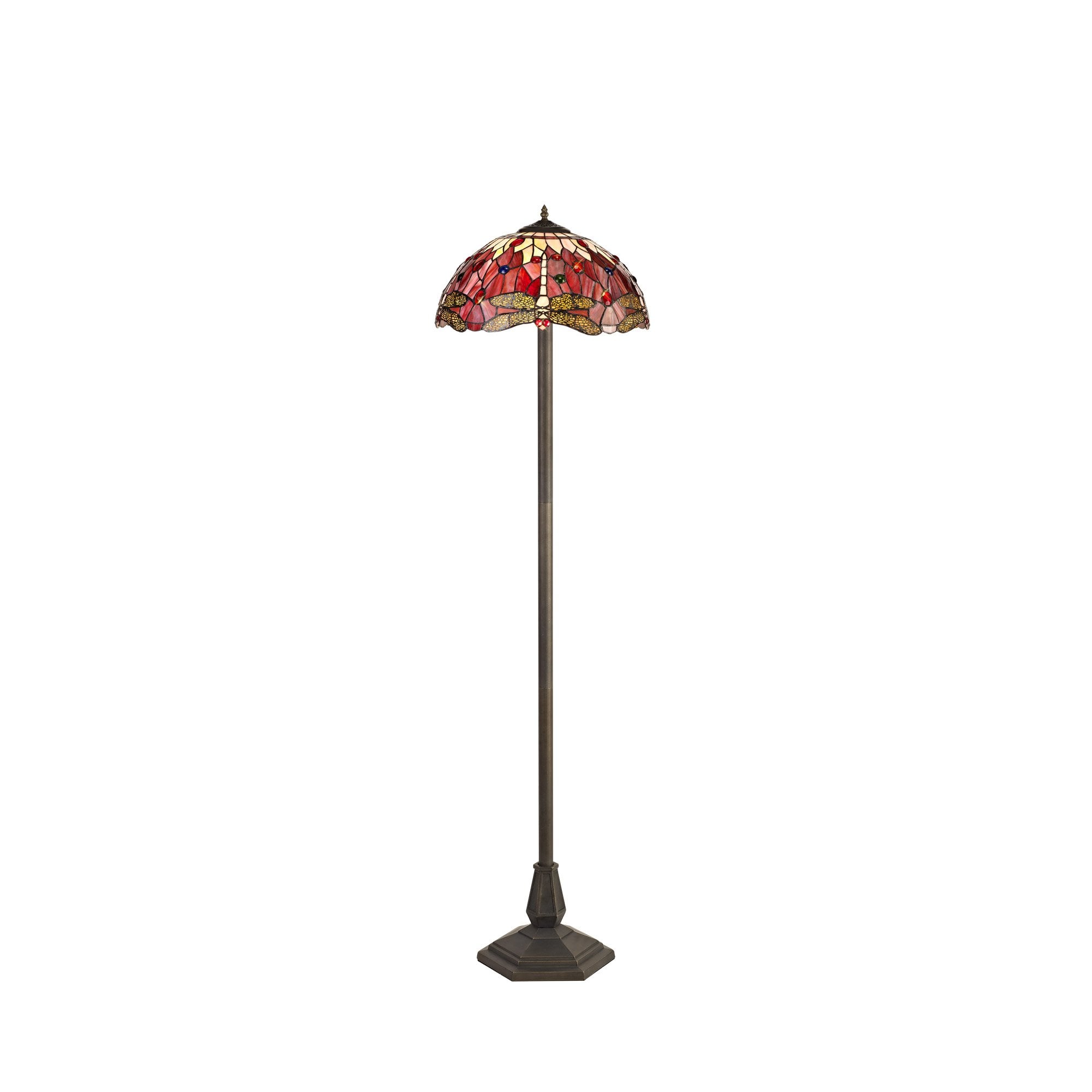 2 Light Octagonal Floor Lamp E27 With 40cm Tiffany Shade, Purple/Pink/Crystal/Aged Antique Brass