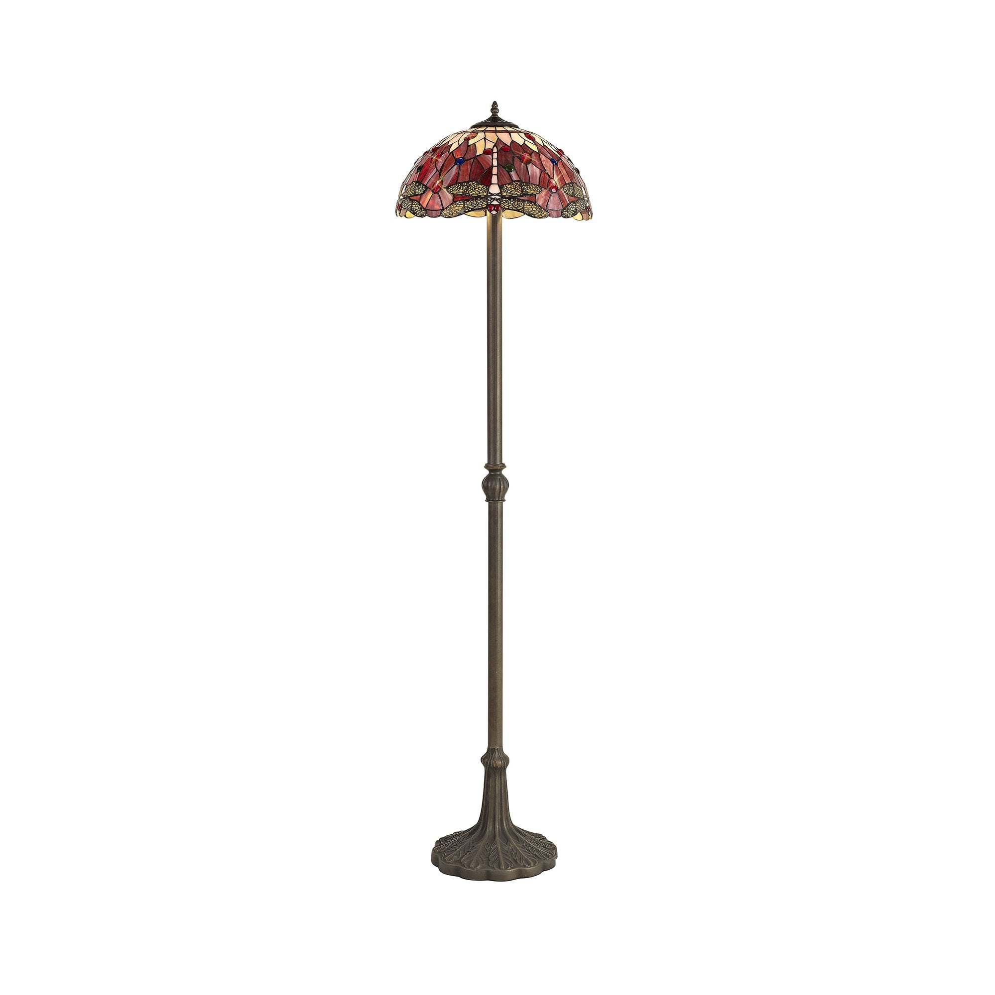 2 Light Leaf Design Floor Lamp E27 With 40cm Tiffany Shade, Purple/Pink/Crystal/Aged Antique Brass