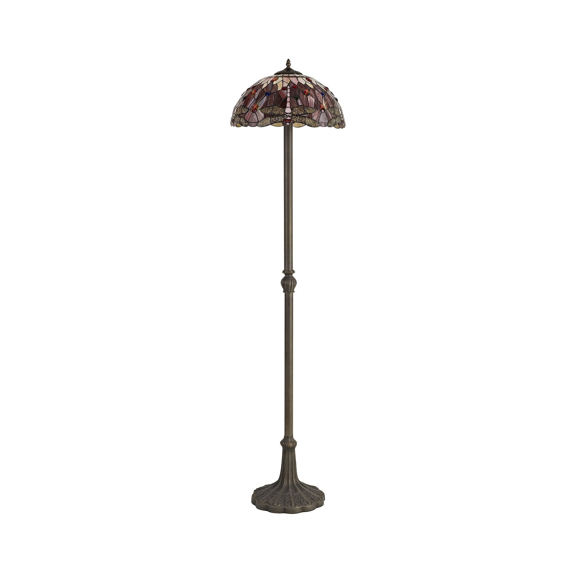 2 Light Leaf Design Floor Lamp E27 With 40cm Tiffany Shade, Purple/Pink/Crystal/Aged Antique Brass