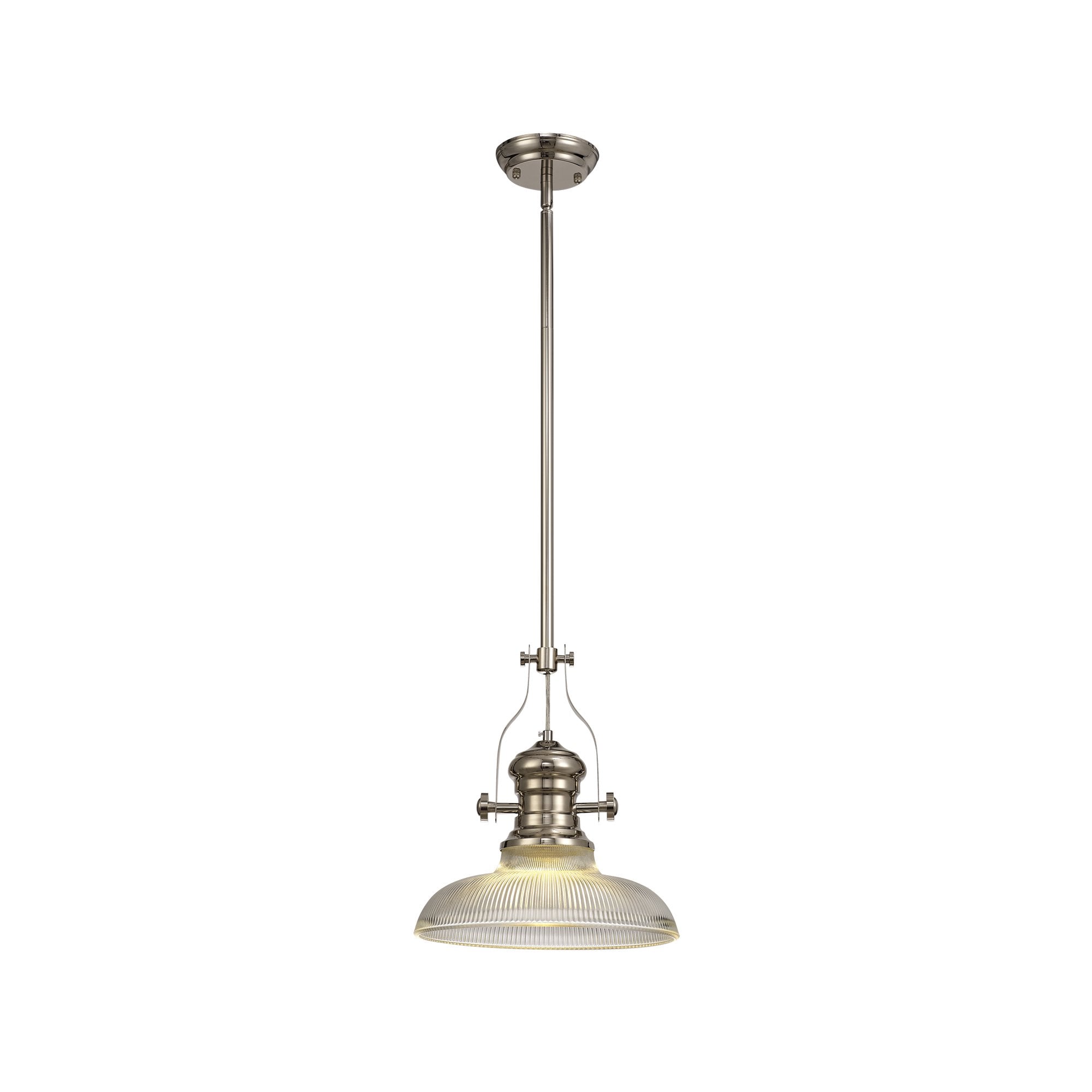 1 Light Telescopic Pendant E27 With 30cm Round Glass Shade, Polished Nickel/Clear