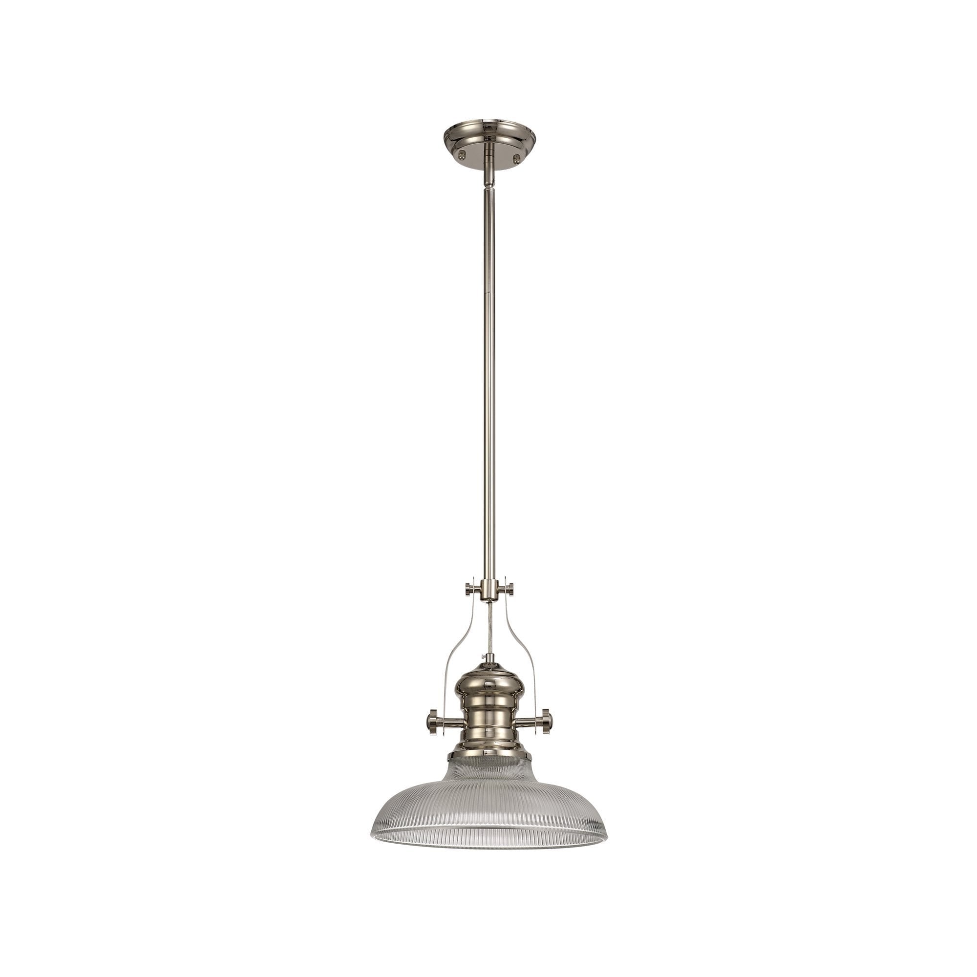 1 Light Telescopic Pendant E27 With 30cm Round Glass Shade, Polished Nickel/Clear