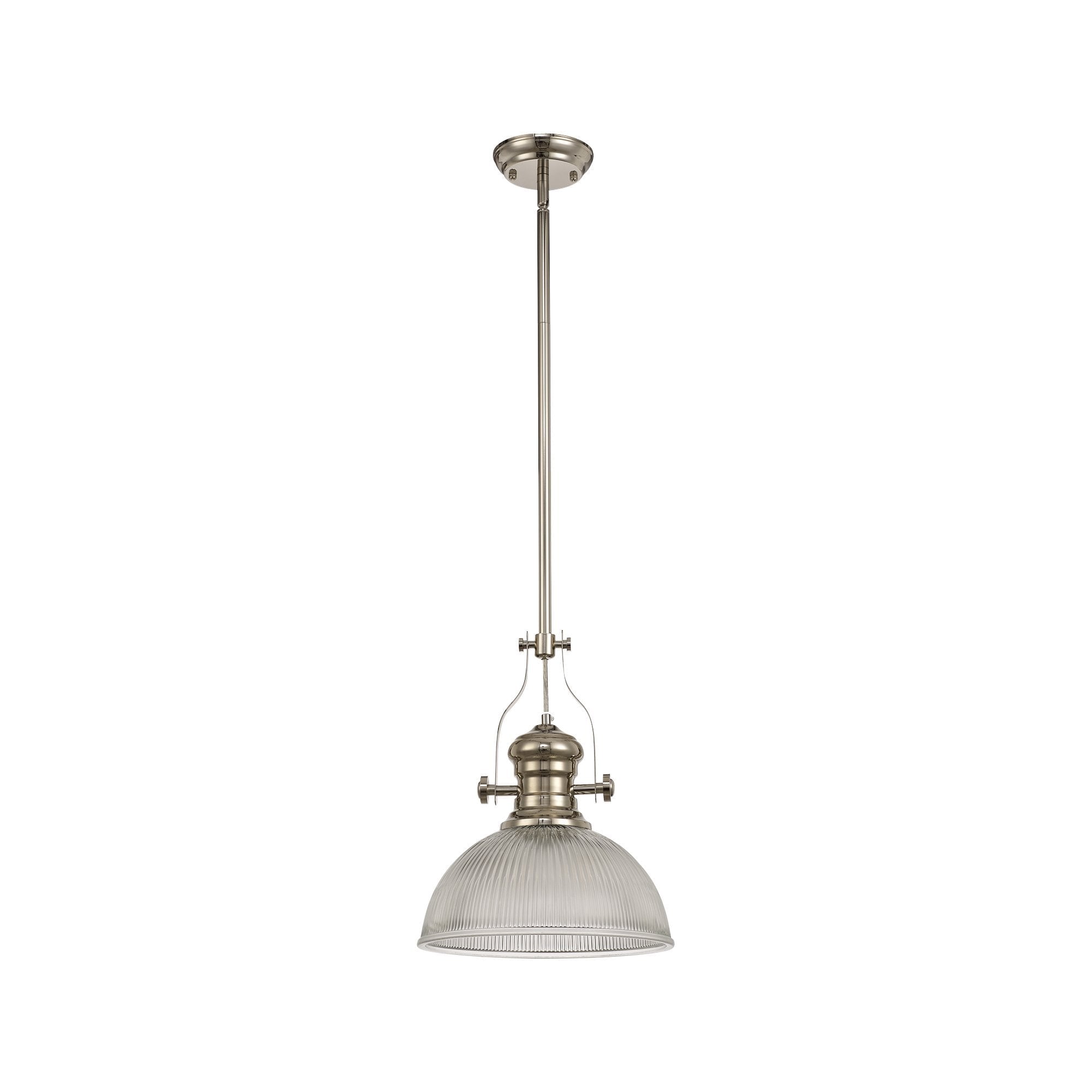 1 Light Telescopic Pendant E27 With 30cm Dome Glass Shade, Polished Nickel/Clear