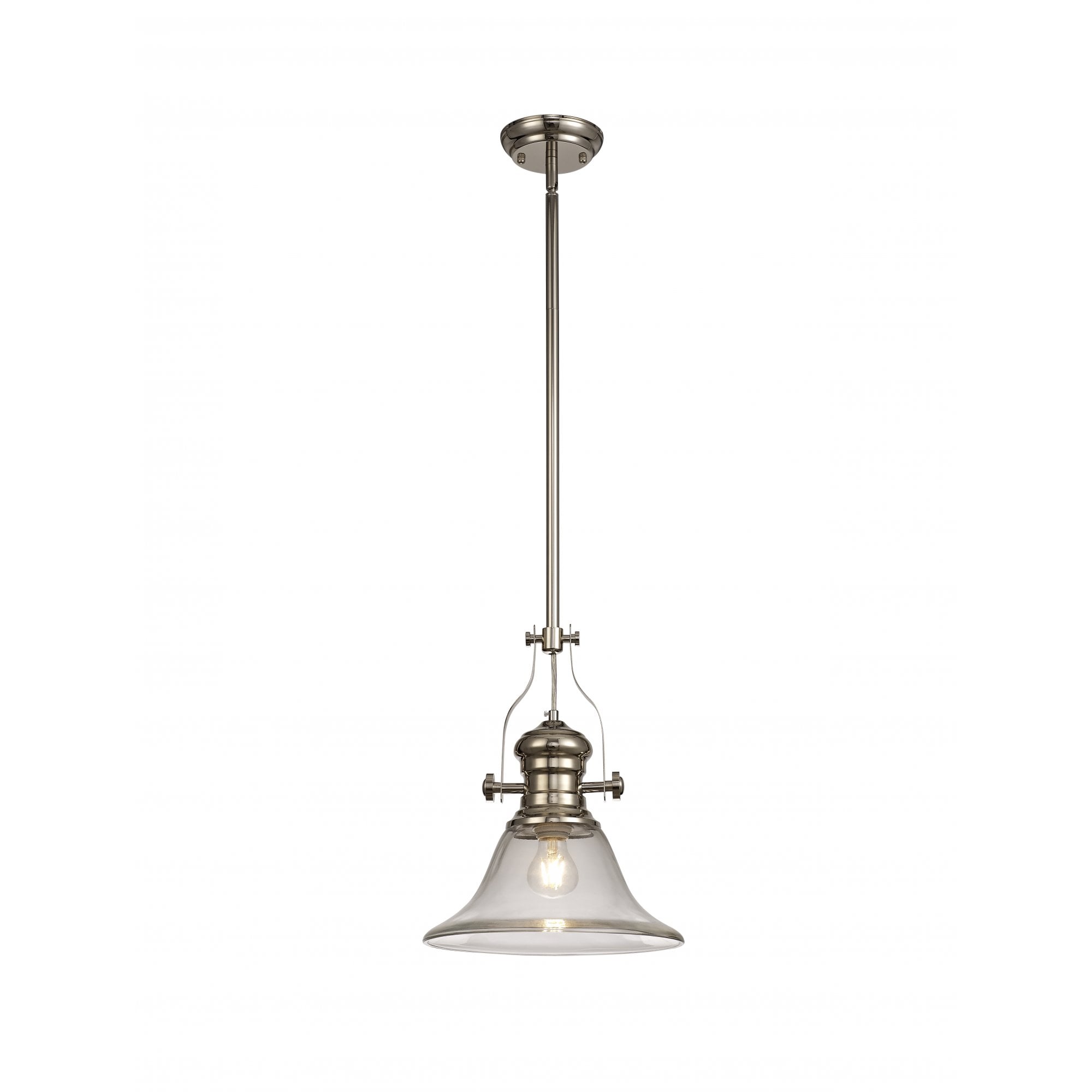 1 Light Telescopic Pendant E27 With 30cm Smooth Bell Glass Shade, Polished Nickel/Clear