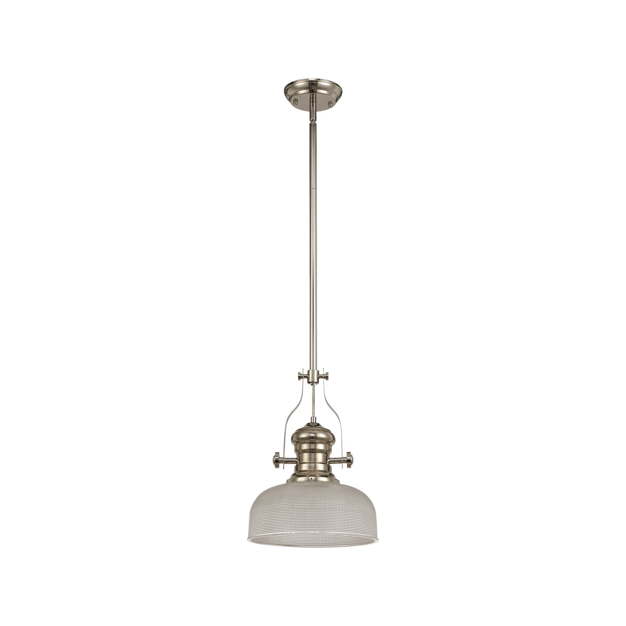 1 Light Telescopic Pendant E27 With 26.5cm Prismatic Glass Shade, Polished Nickel/Clear