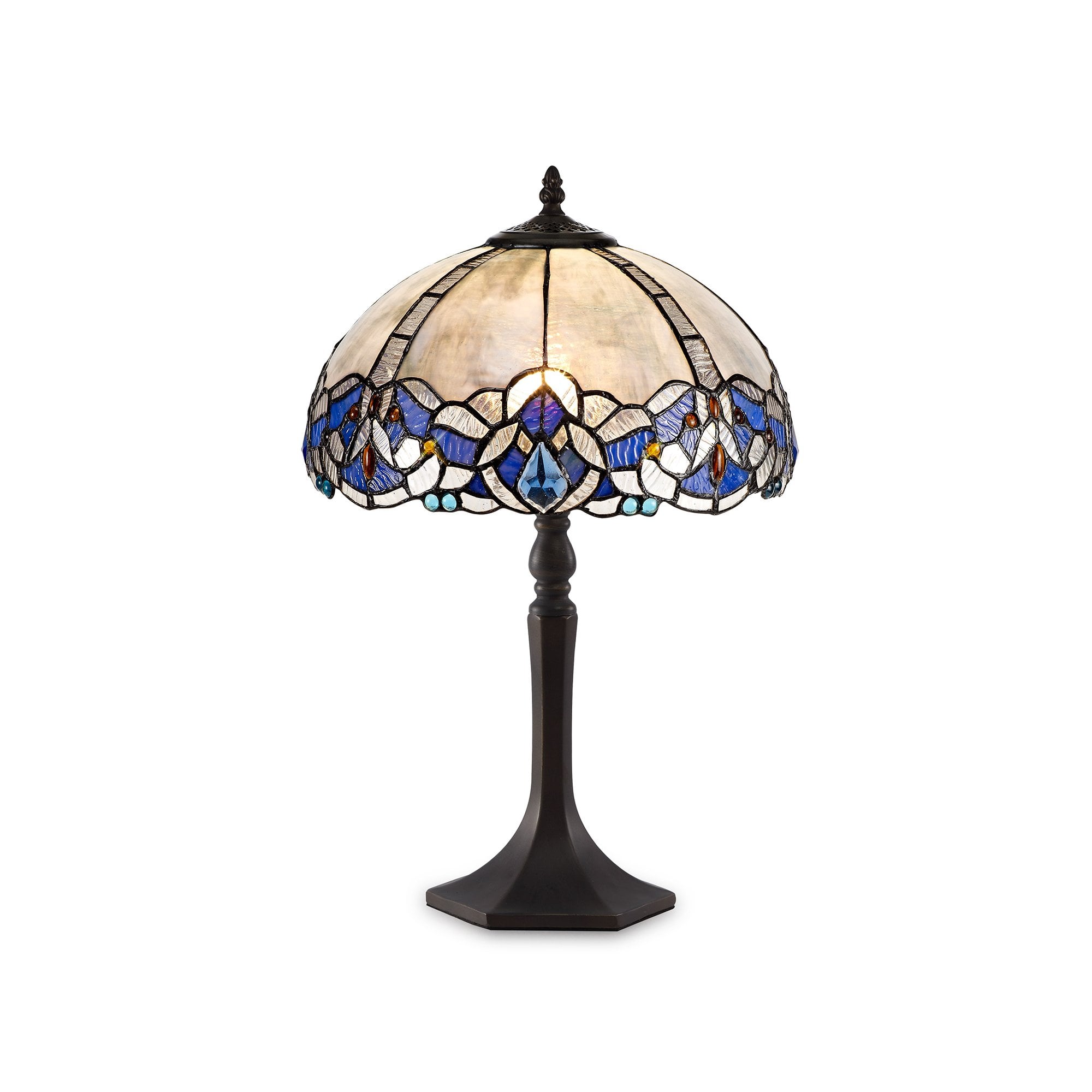 1 Light Octagonal Table Lamp E27 With 30cm Tiffany Shade, Blue/Clear Crystal/Aged Antique Brass