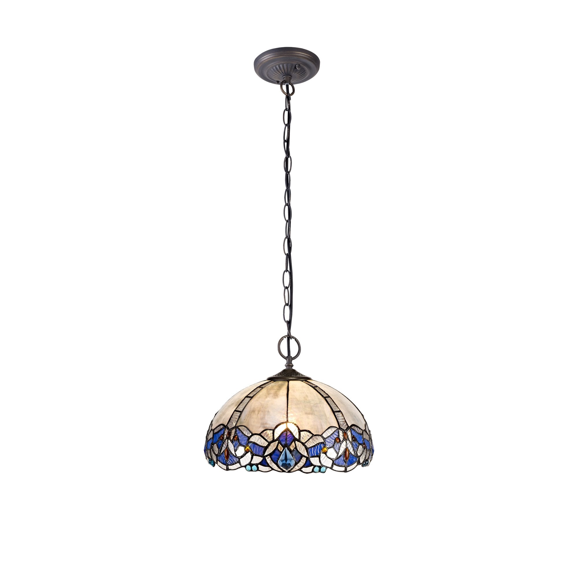 2 Light Downlight Pendant E27 With 30cm Tiffany Shade, Blue/Clear Crystal/Aged Antique Brass