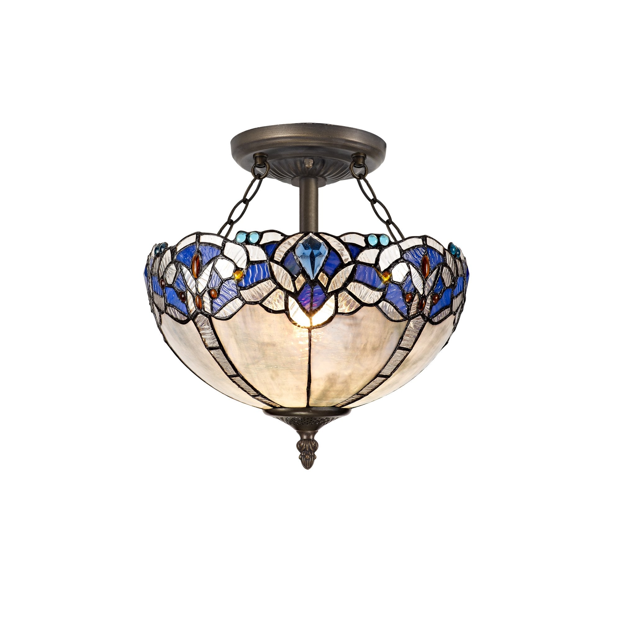 2 Light Semi Ceiling E27 With 30cm Tiffany Shade, Blue/Clear Crystal/Aged Antique Brass