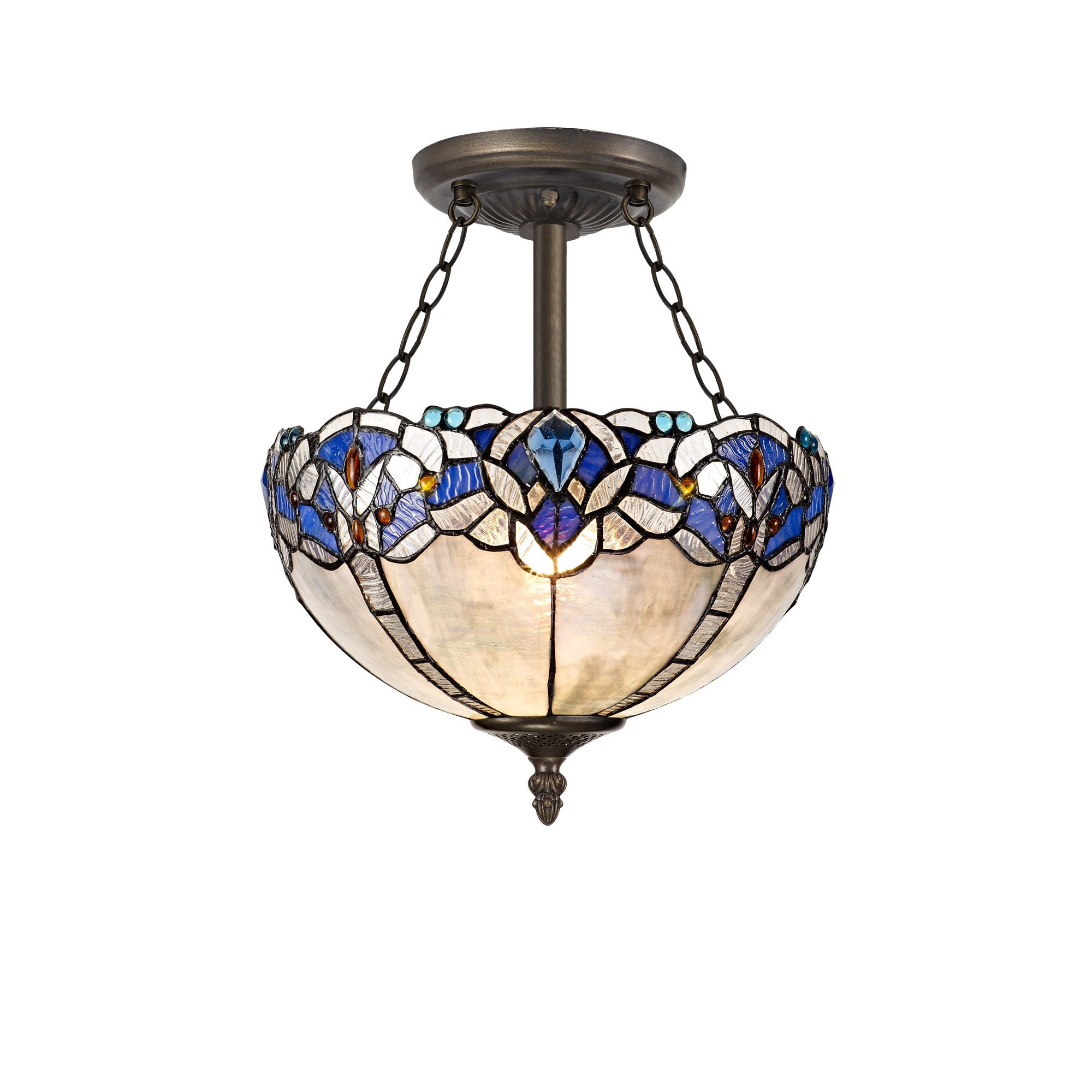 3 Light Semi Ceiling E27 With 30cm Tiffany Shade, Blue/Clear Crystal/Aged Antique Brass