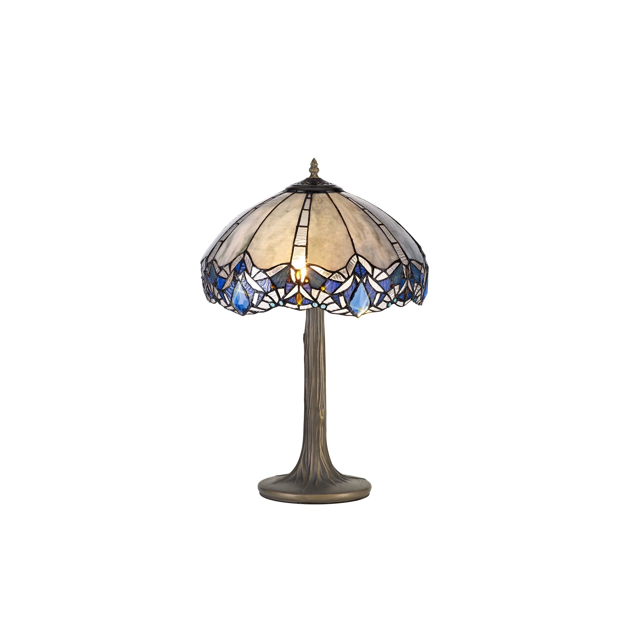 2 Light Tree Like Table Lamp E27 With 40cm Tiffany Shade, Blue/Clear Crystal/Aged Antique Brass