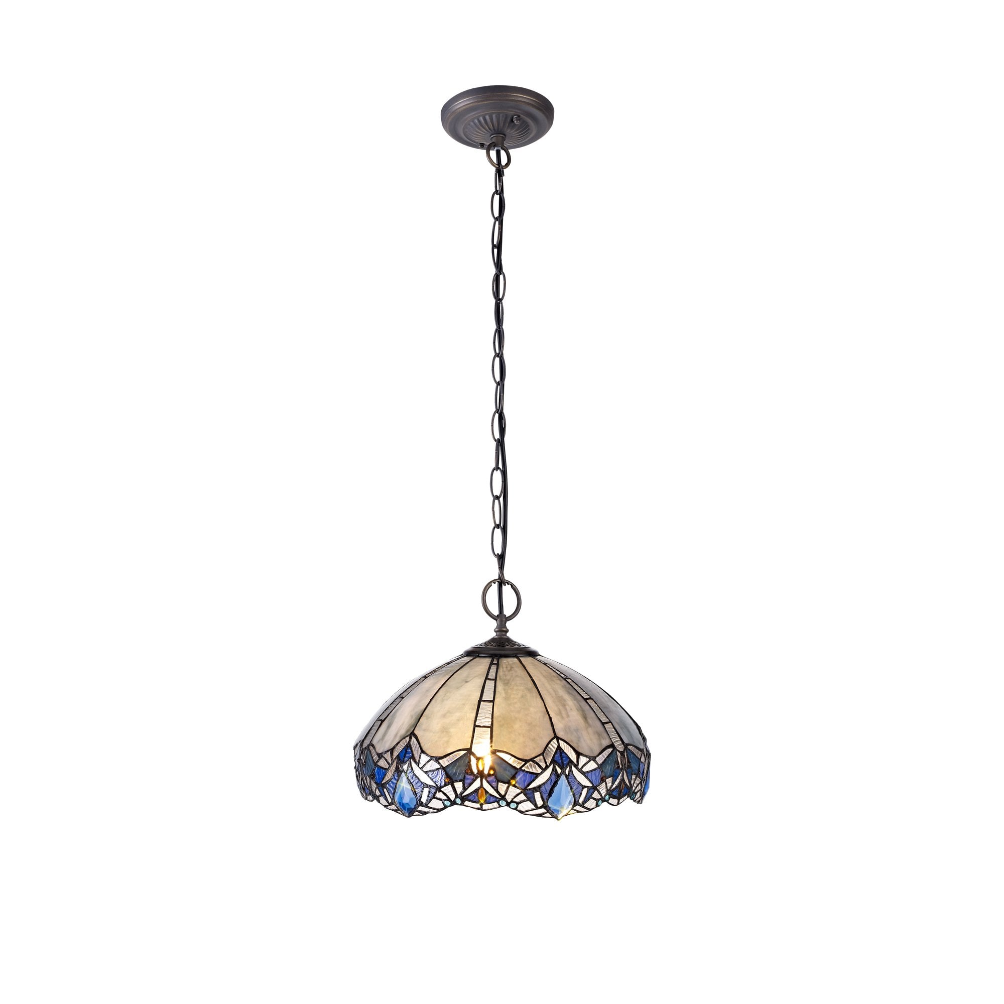 2 Light Downlight Pendant E27 With 40cm Tiffany Shade, Blue/Clear Crystal/Aged Antique Brass