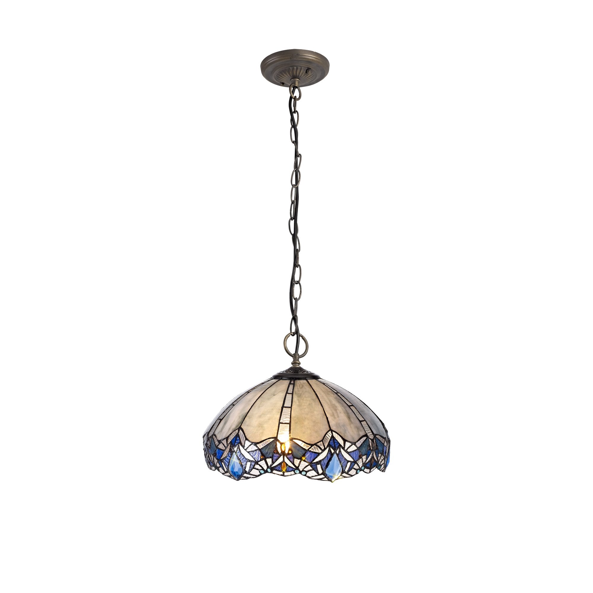 3 Light Downlight Pendant E27 With 40cm Tiffany Shade, Blue/Clear Crystal/Aged Antique Brass