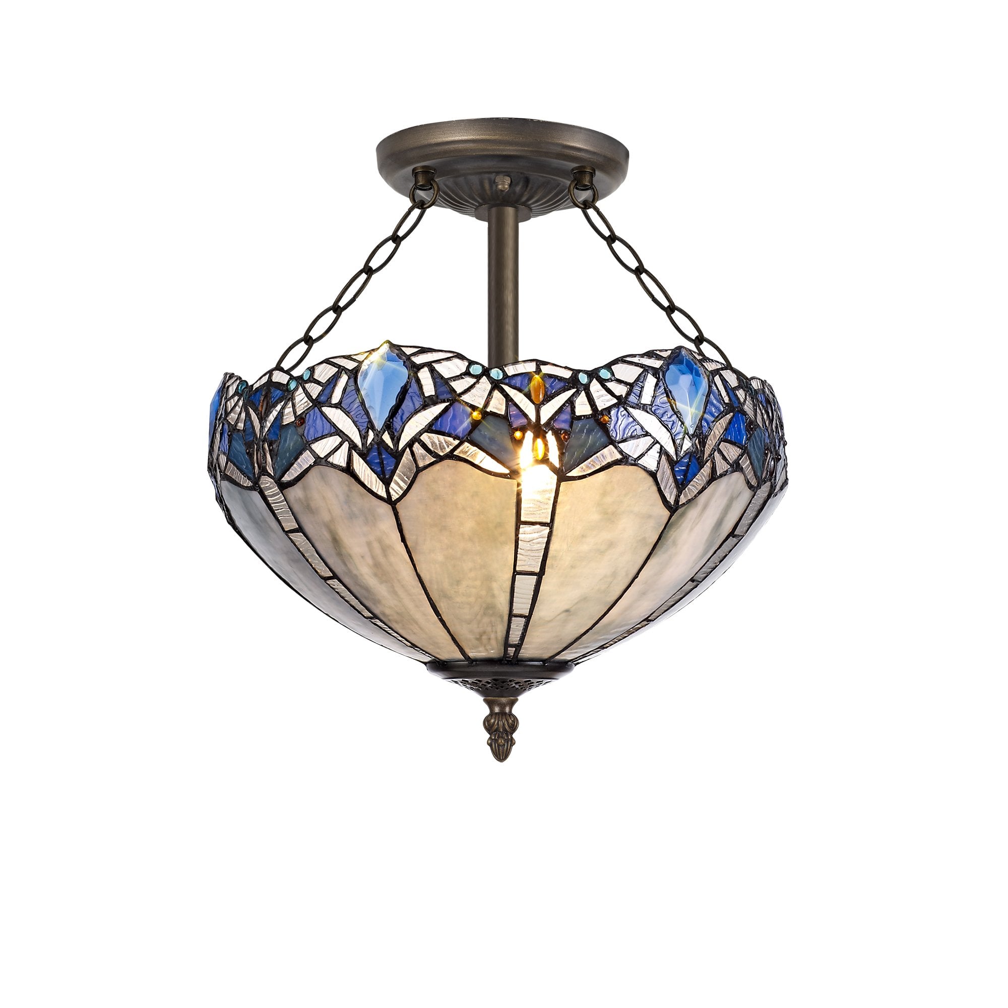 3 Light Semi Ceiling E27 With 40cm Tiffany Shade, Blue/Clear Crystal/Aged Antique Brass