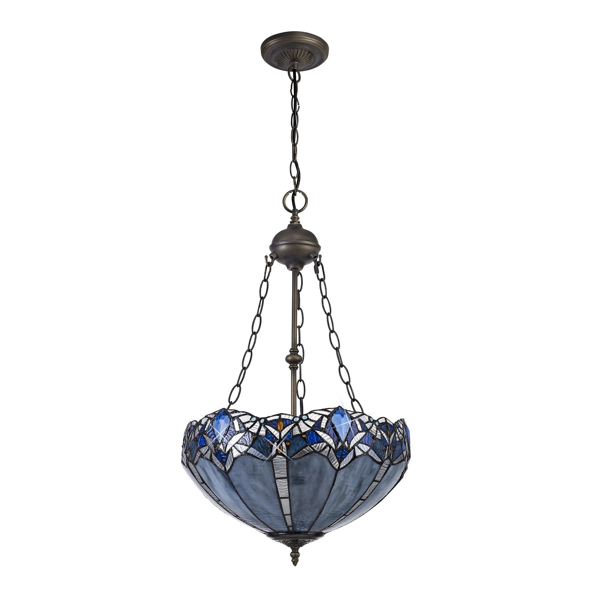 2 Light Uplighter Pendant E27 With 40cm Tiffany Shade, Blue/Clear Crystal/Aged Antique Brass