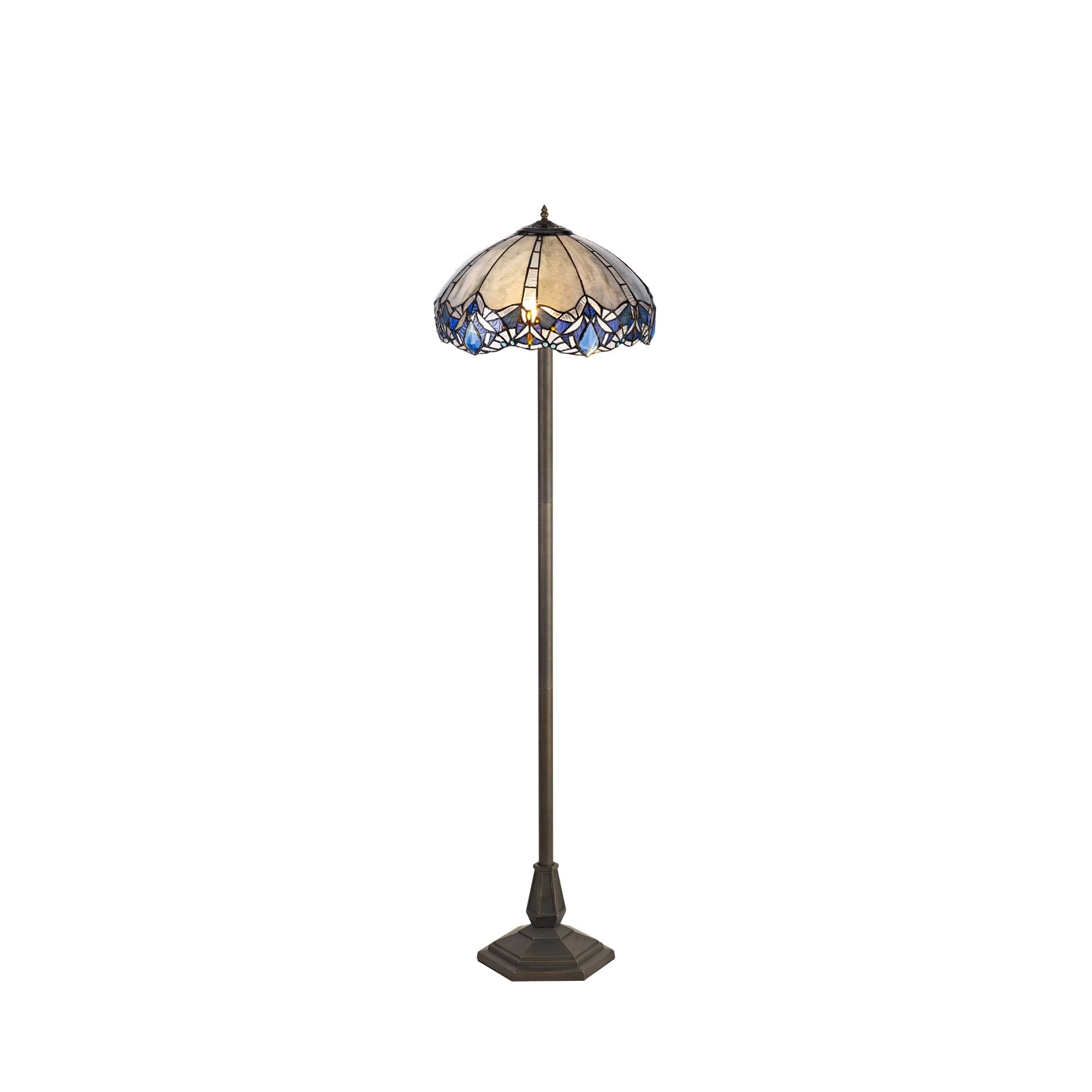 2 Light Octagonal Floor Lamp E27 With 40cm Tiffany Shade, Blue/Clear Crystal/Aged Antique Brass