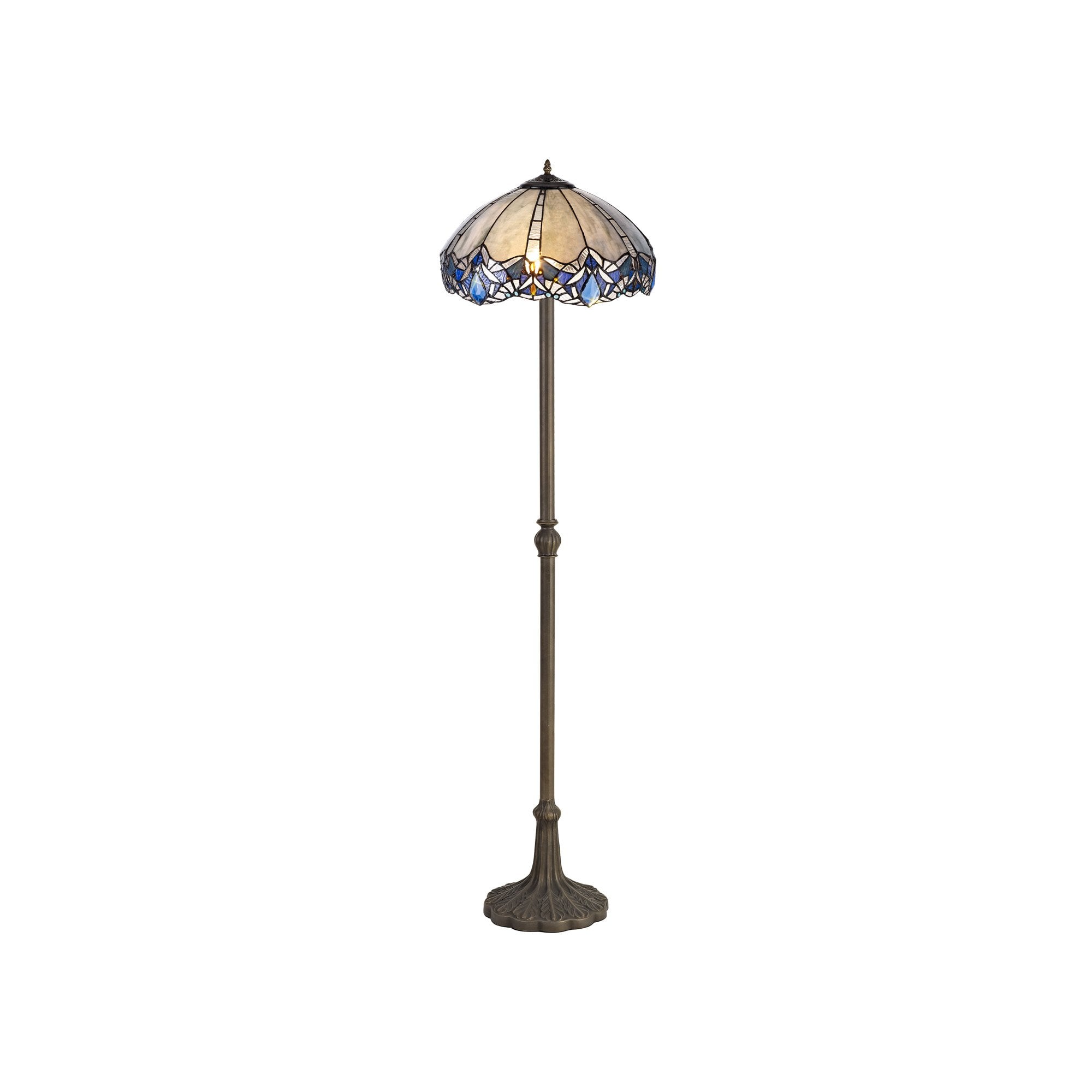 2 Light Leaf Design Floor Lamp E27 With 40cm Tiffany Shade, Blue/Clear Crystal/Aged Antique Brass