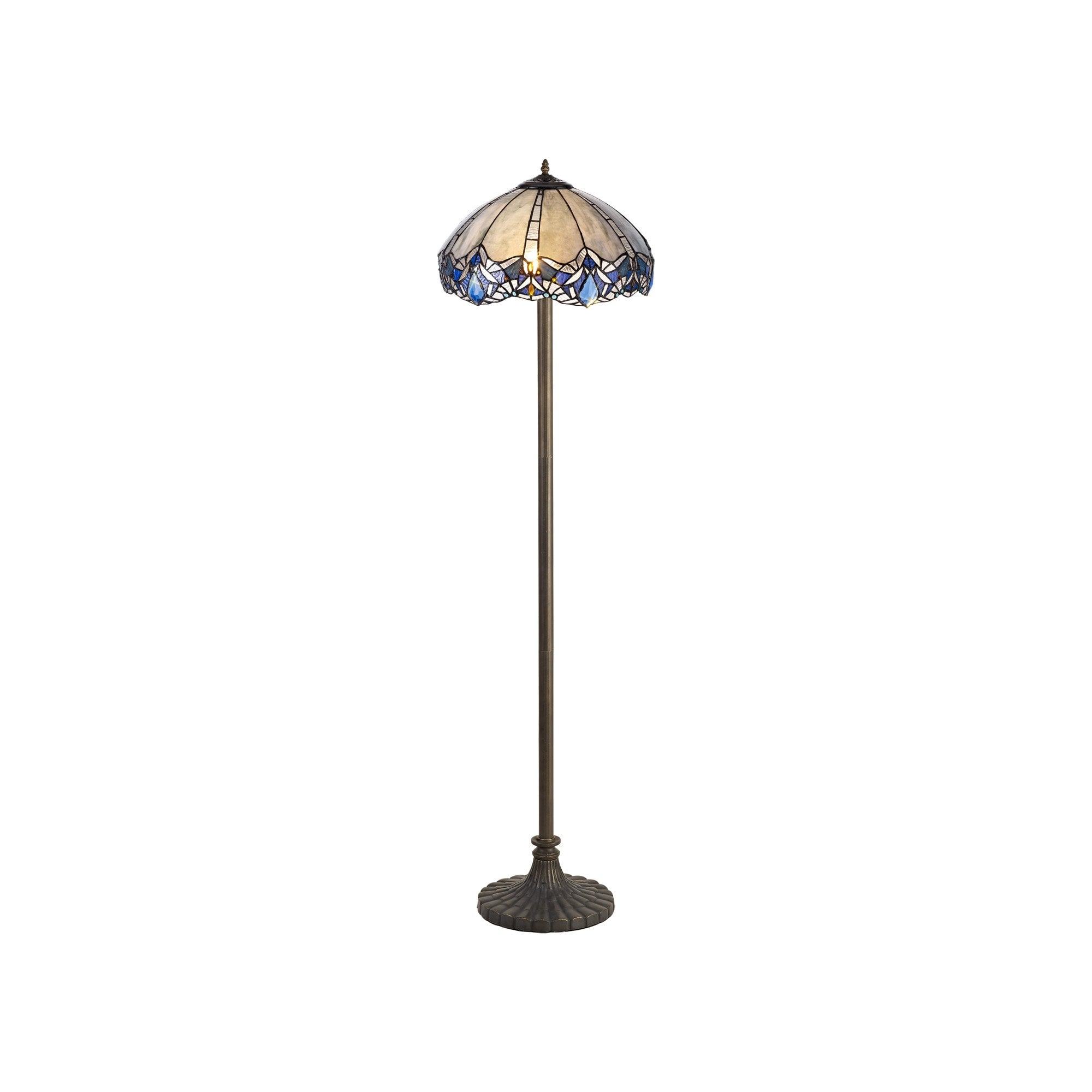 2 Light Stepped Design Floor Lamp E27 With 40cm Tiffany Shade, Blue/Clear Crystal/Aged Antique Brass